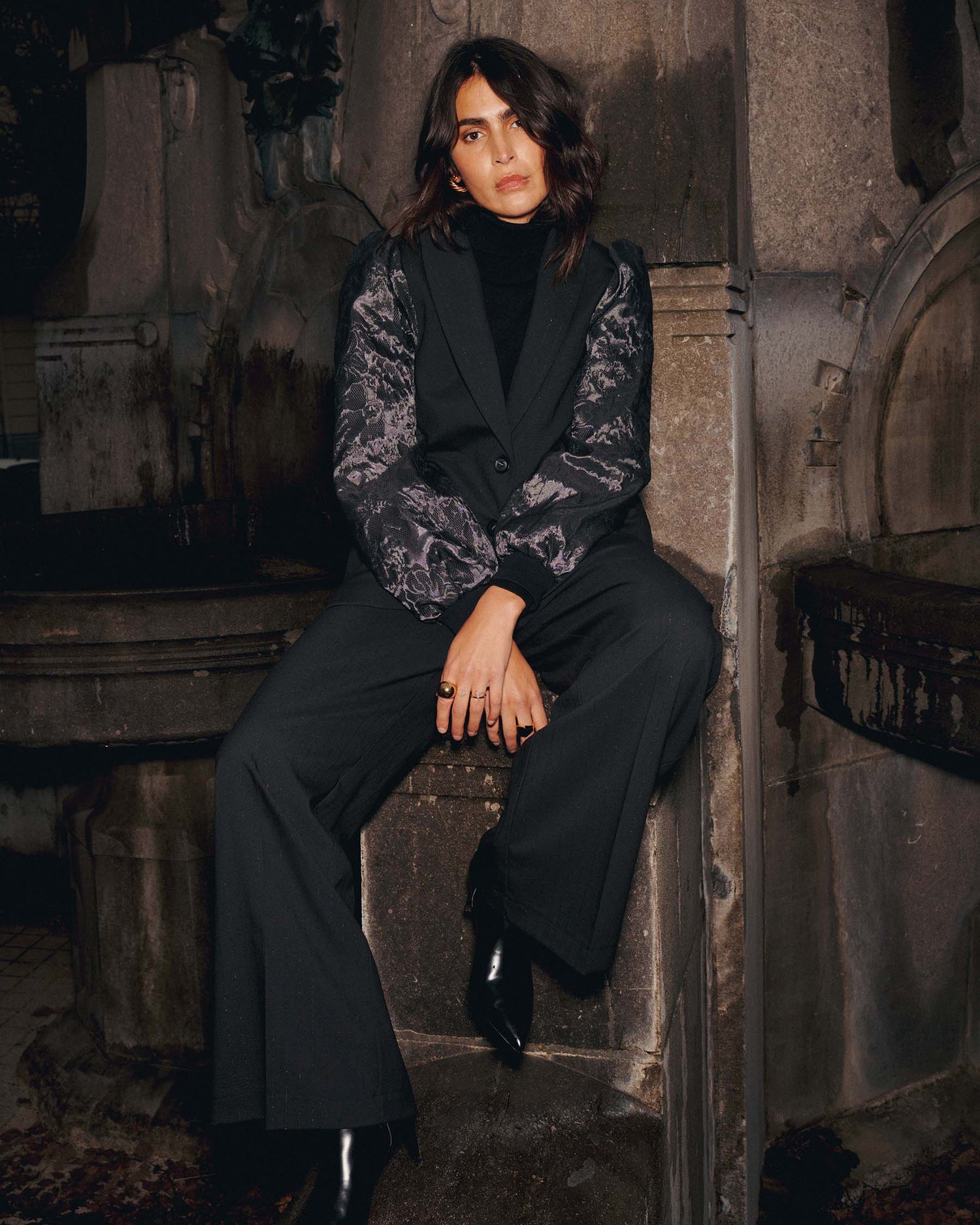 Pinstripe blazer with jacquard sleeves