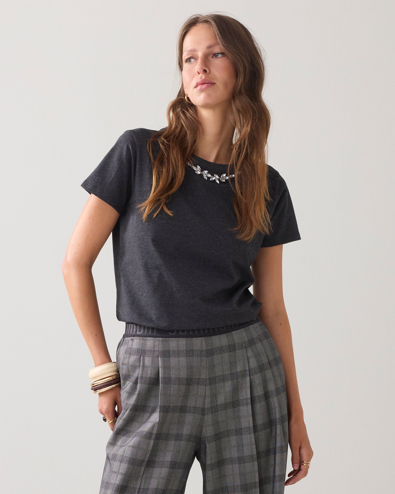 T-shirt with rhinestone necklace