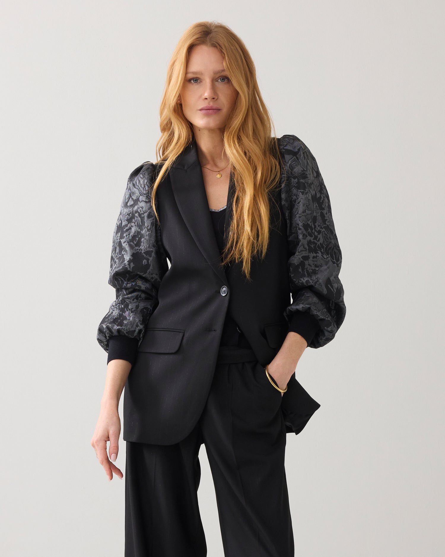 Pinstripe blazer with jacquard sleeves
