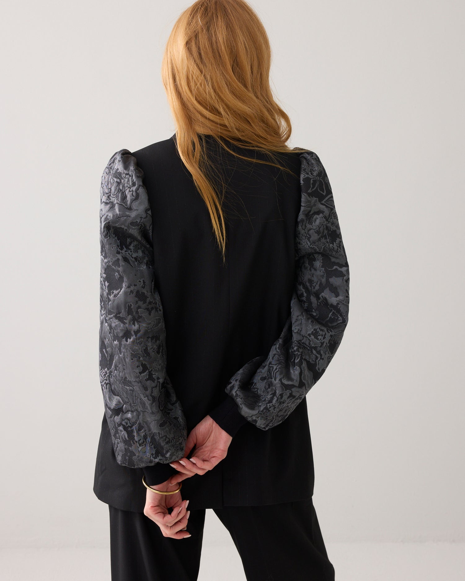 Pinstripe blazer with jacquard sleeves