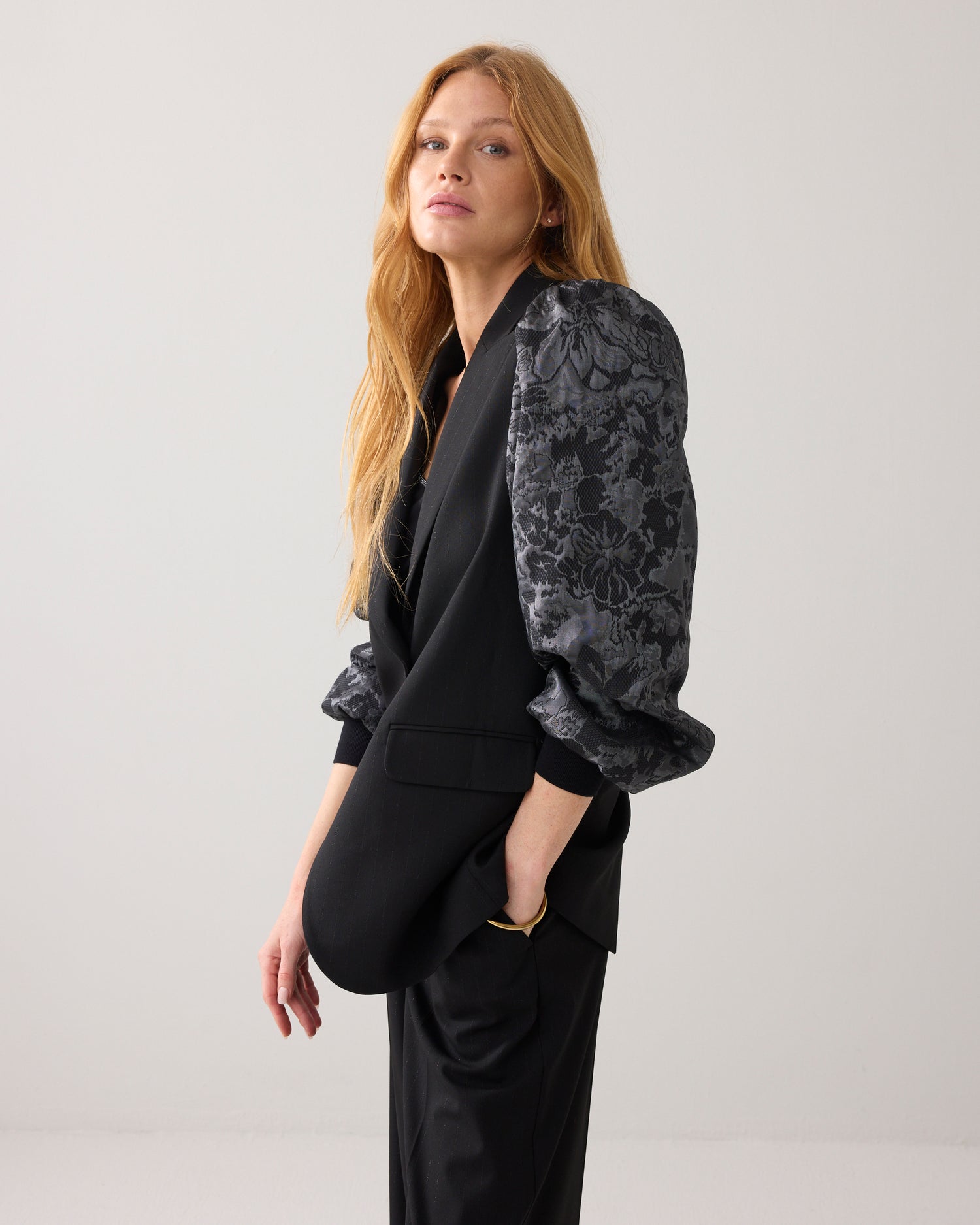 Pinstripe blazer with jacquard sleeves