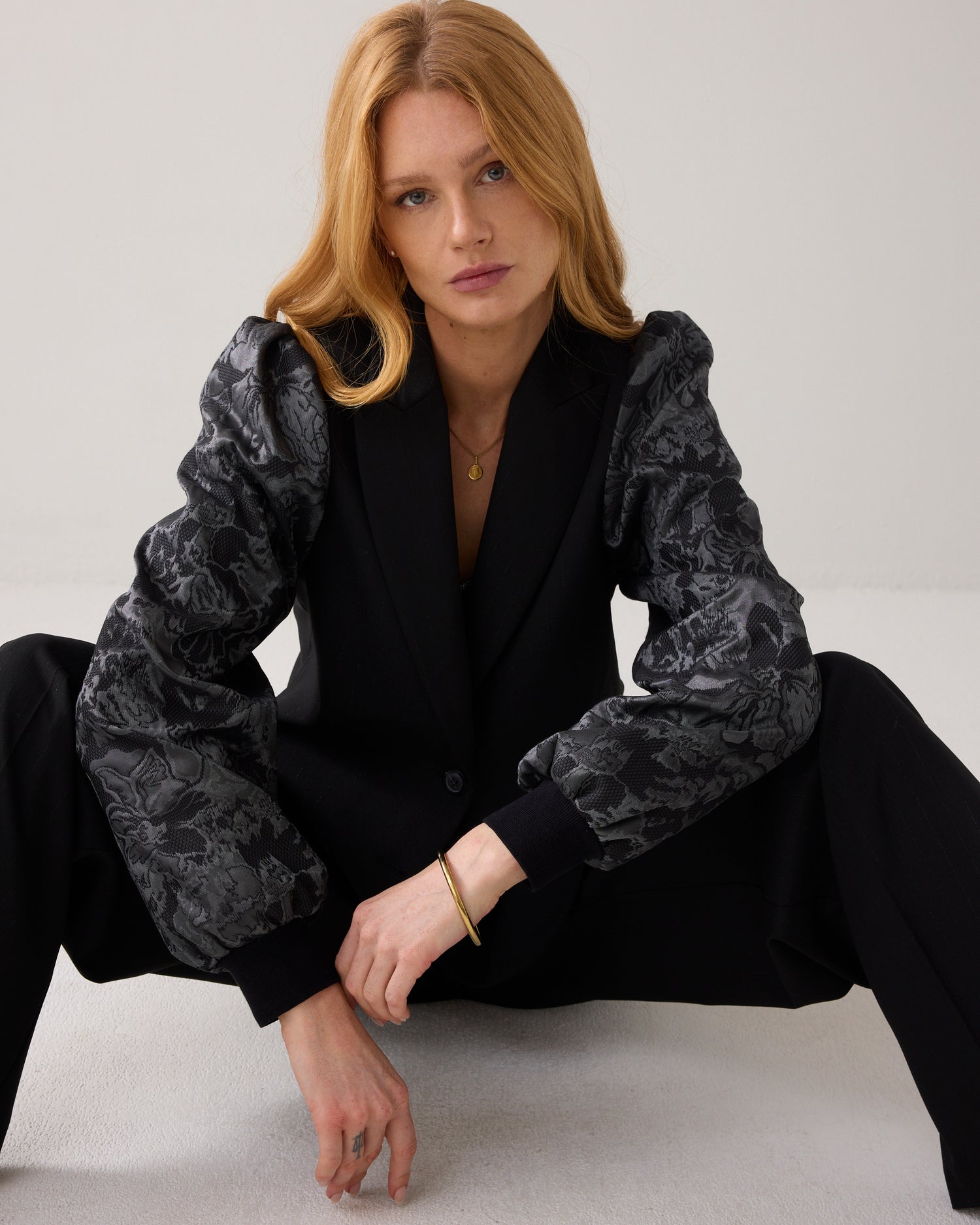 Pinstripe blazer with jacquard sleeves