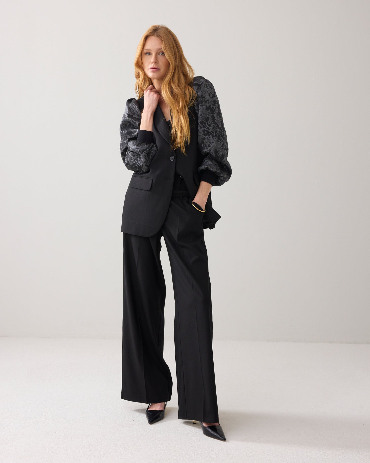 Pinstripe blazer with jacquard sleeves