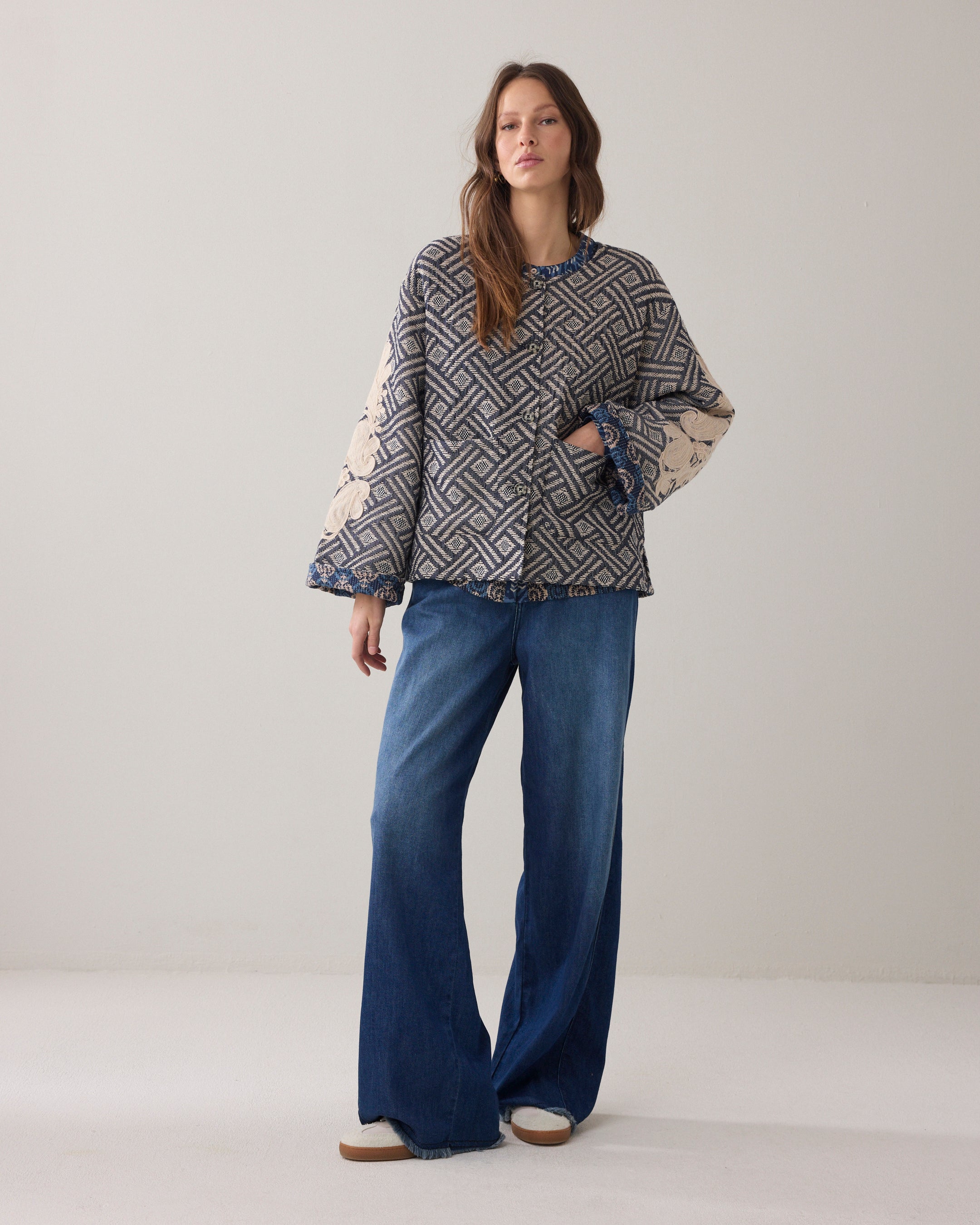 Reversible jacket with embroidery