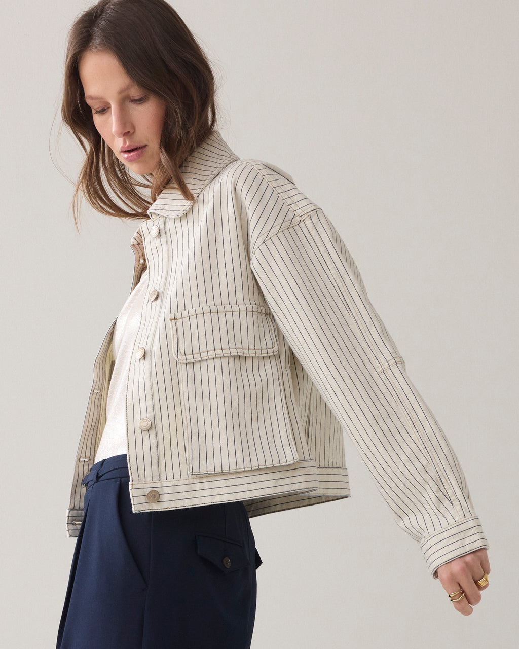 Denim jasje met visgraatstreep