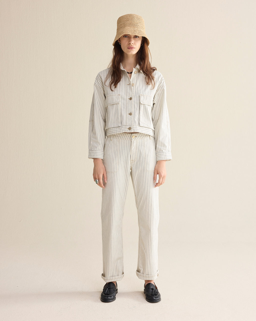 Denim jasje met visgraatstreep