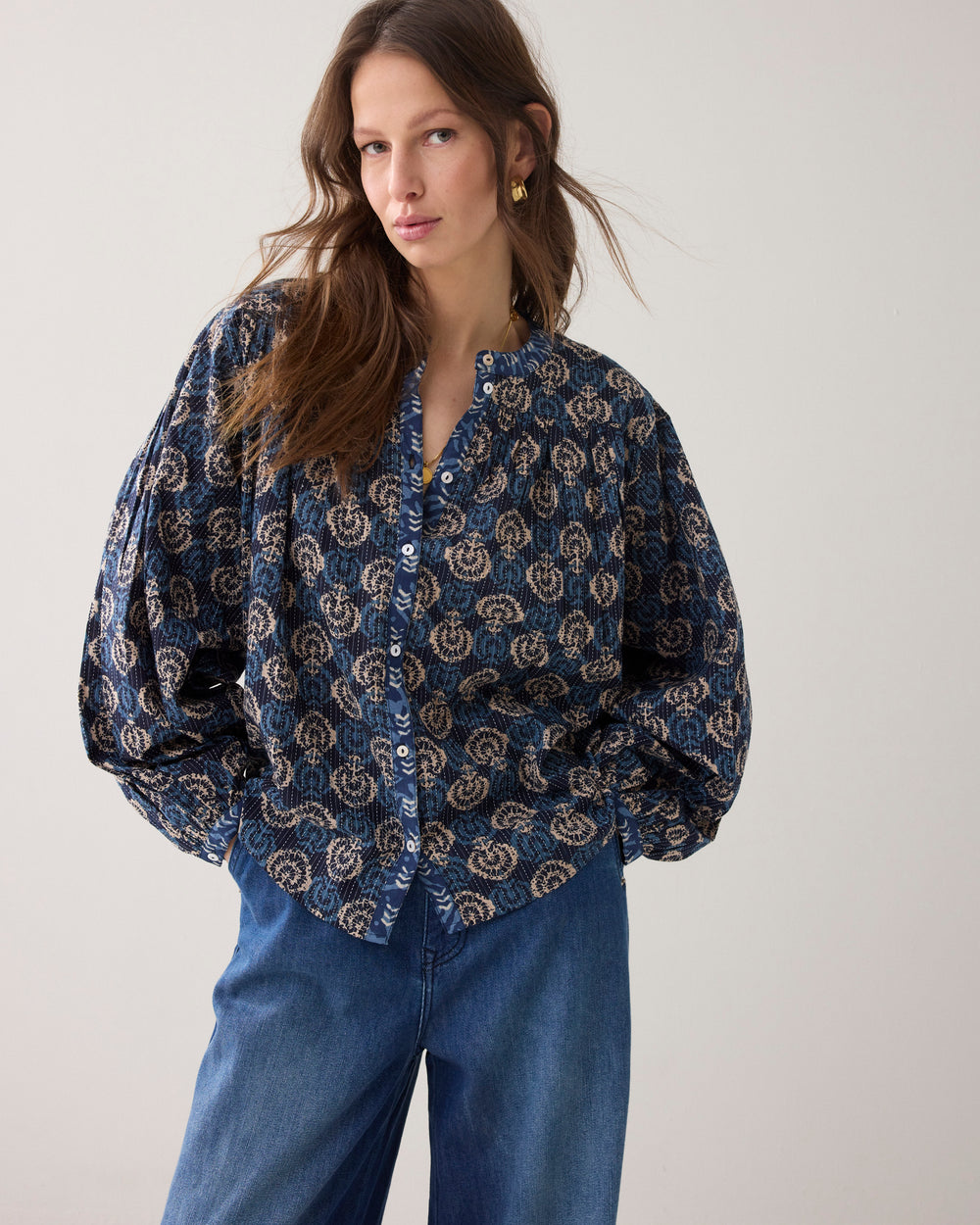 Blockprint-blouse met vleermuismouw