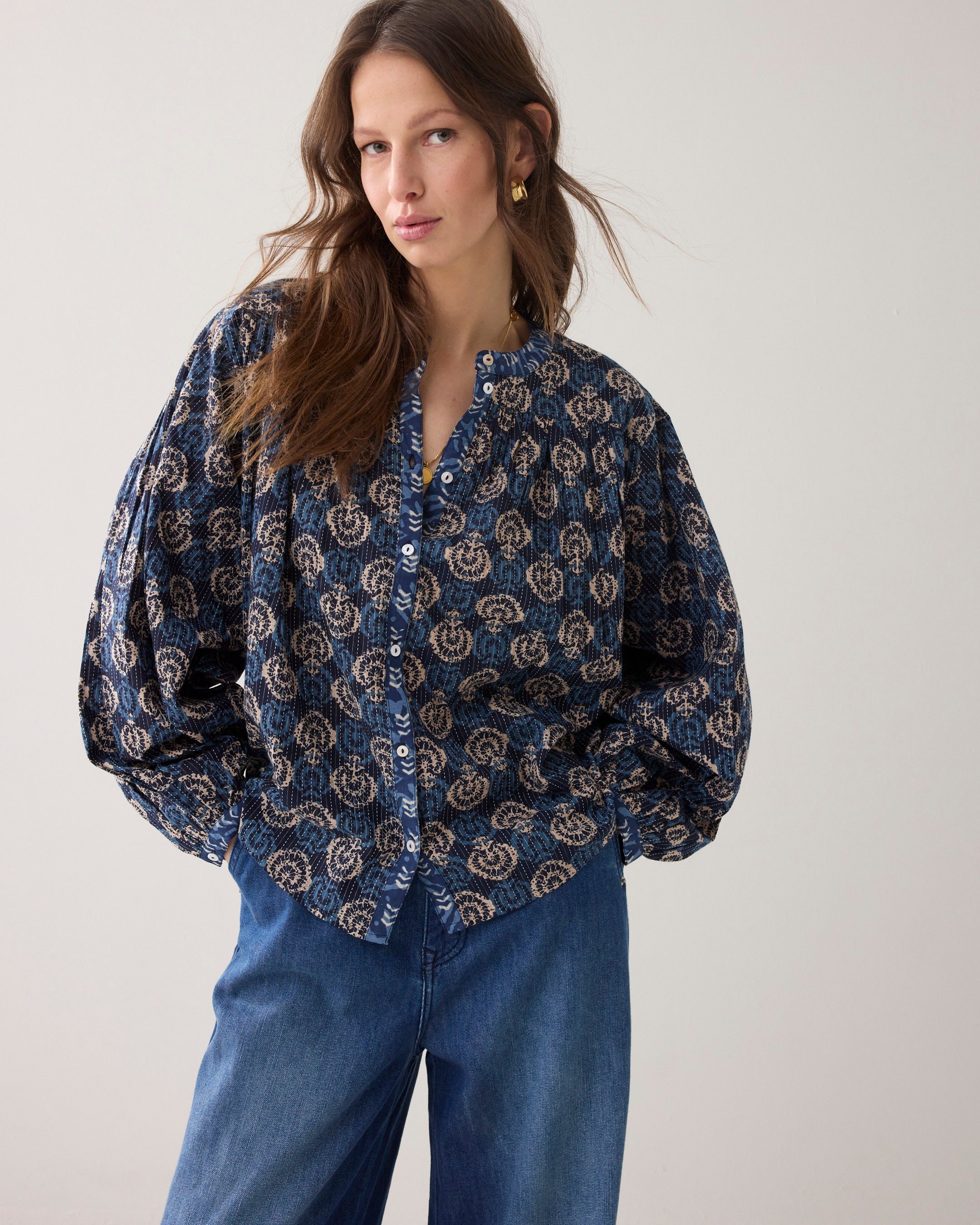 Blouse blockprint avec manches chauve-souris