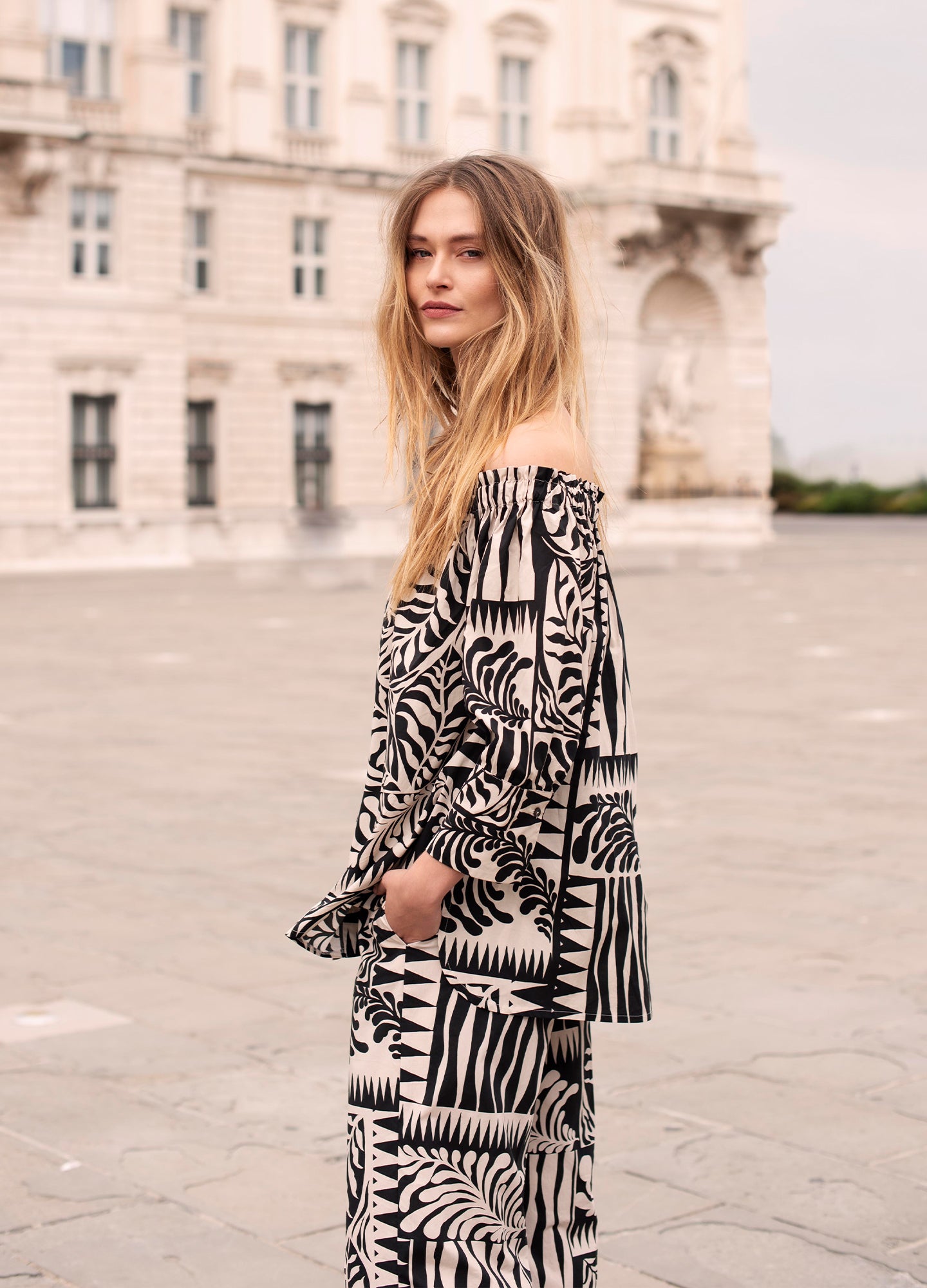 Off-shoulder two-tone blouse