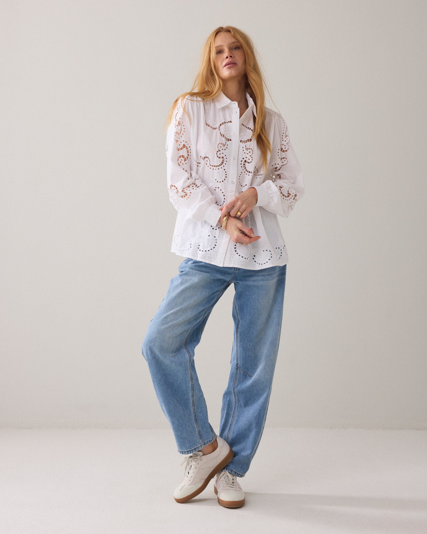 Overhemdblouse opengewerkt katoen