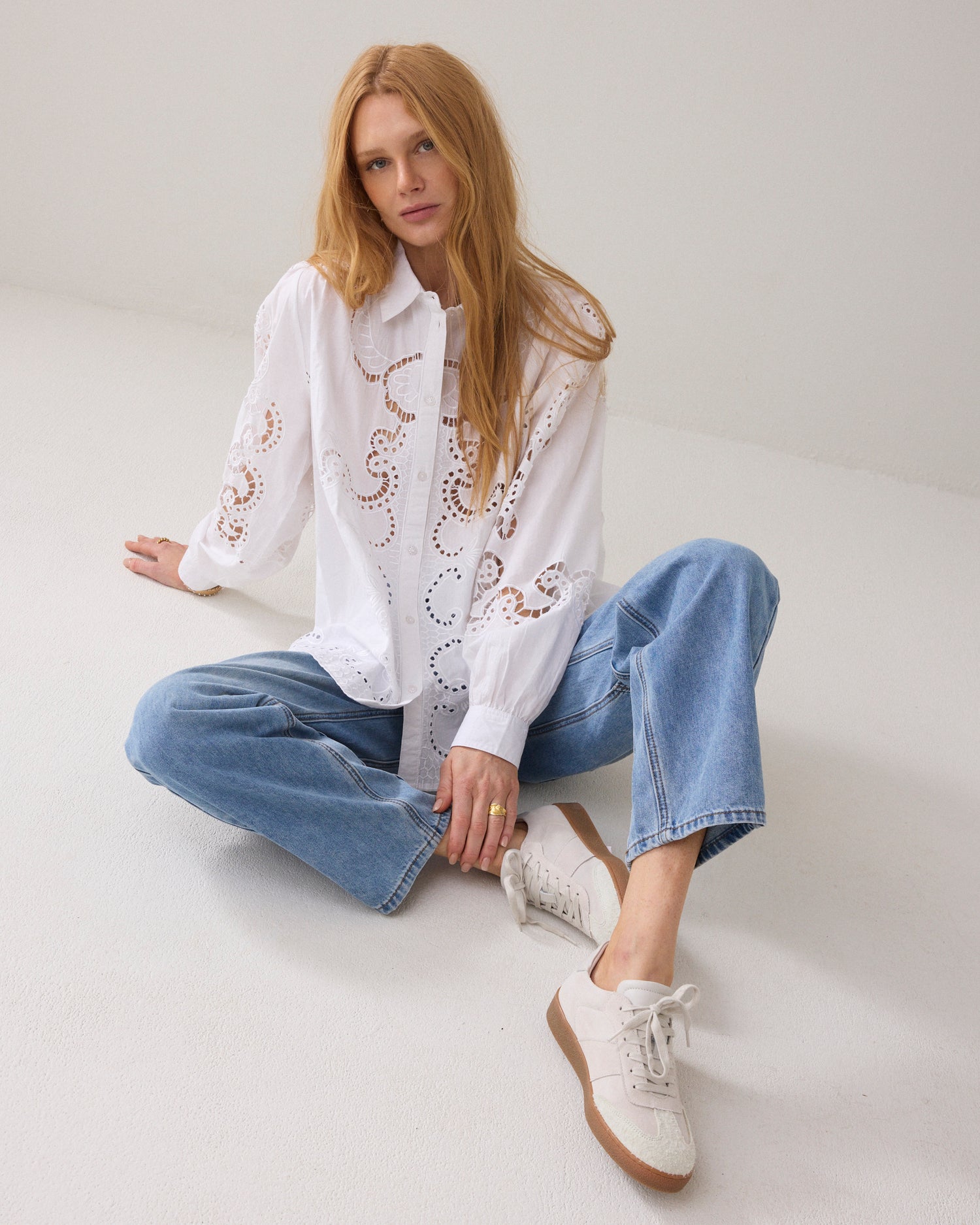 Overhemdblouse opengewerkt katoen