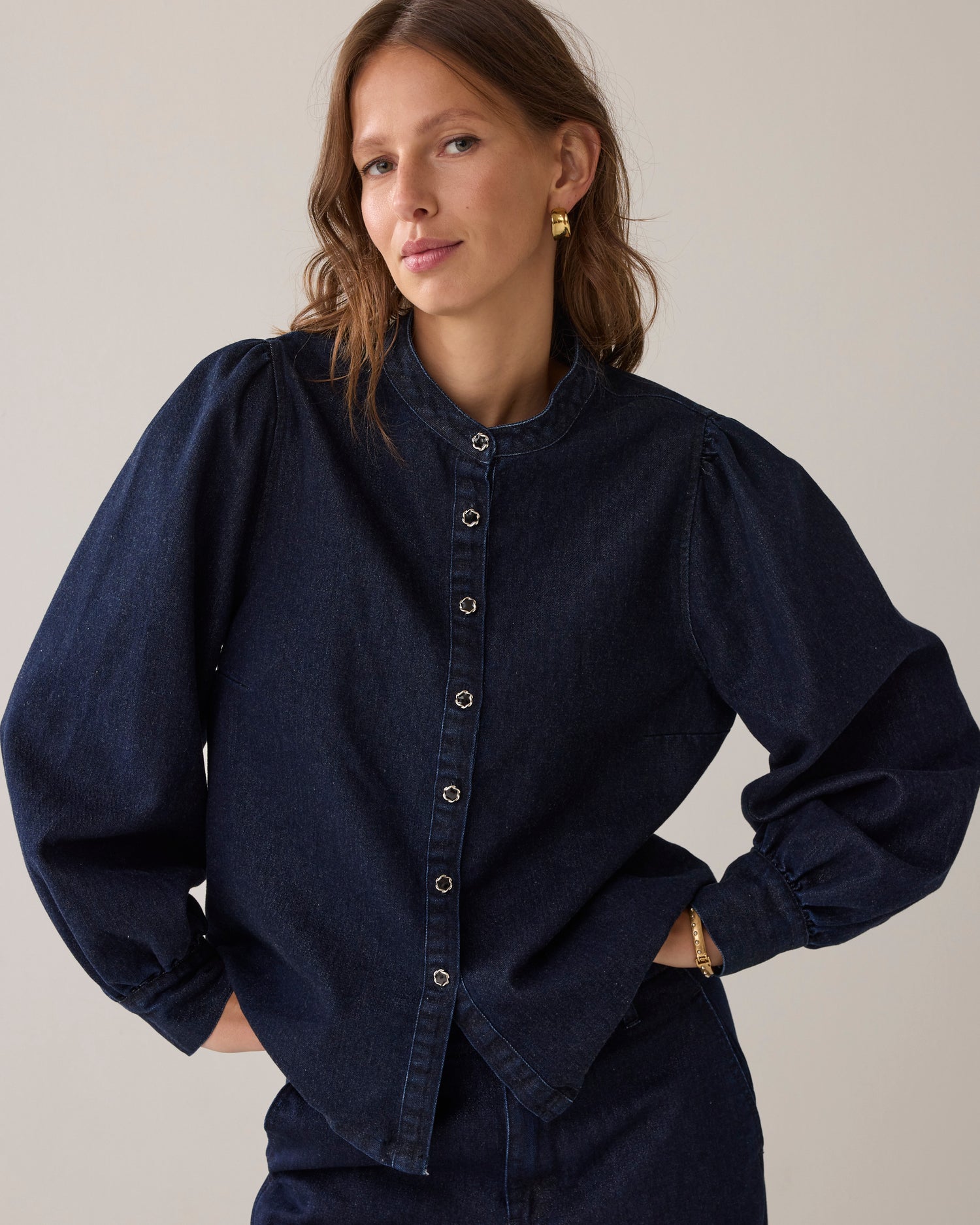 Denim bowtie-blouse met lurex