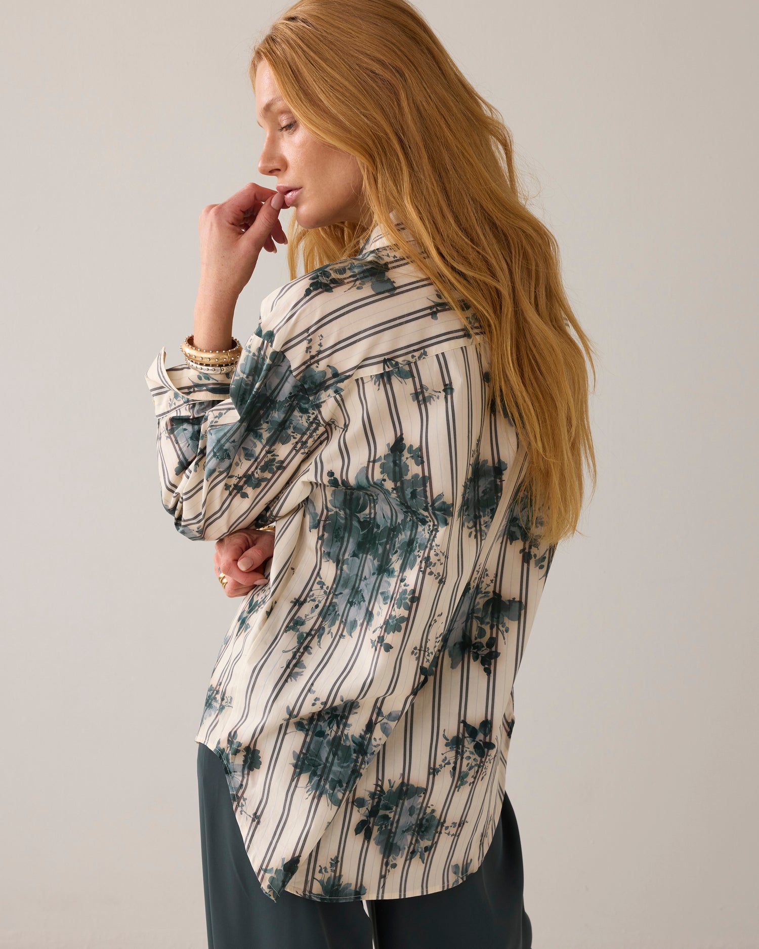 Shirt blouse with floral and stripe print