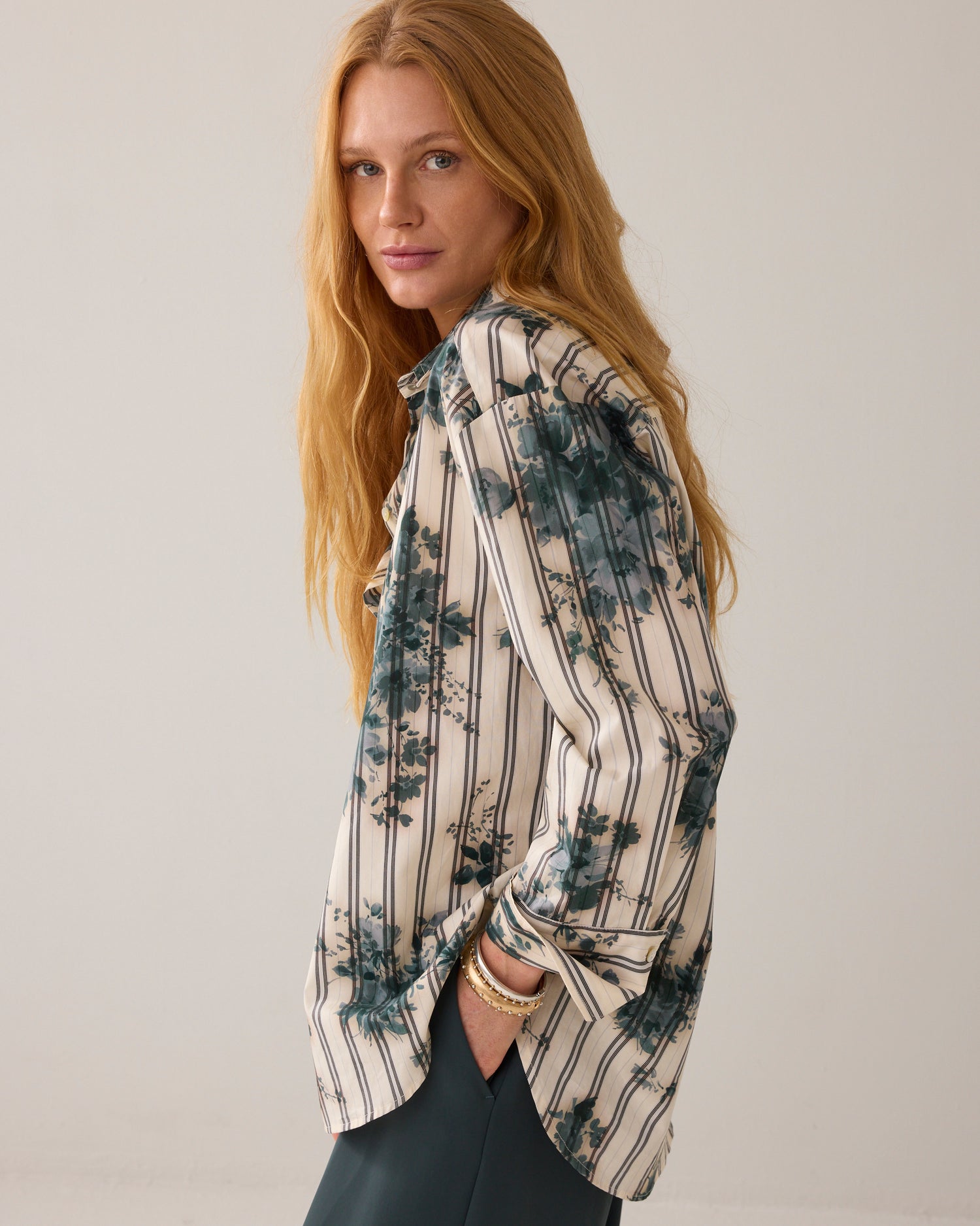 Shirt blouse with floral and stripe print