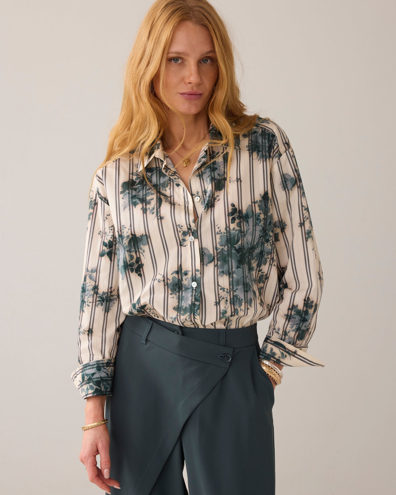 Shirt blouse with floral and stripe print