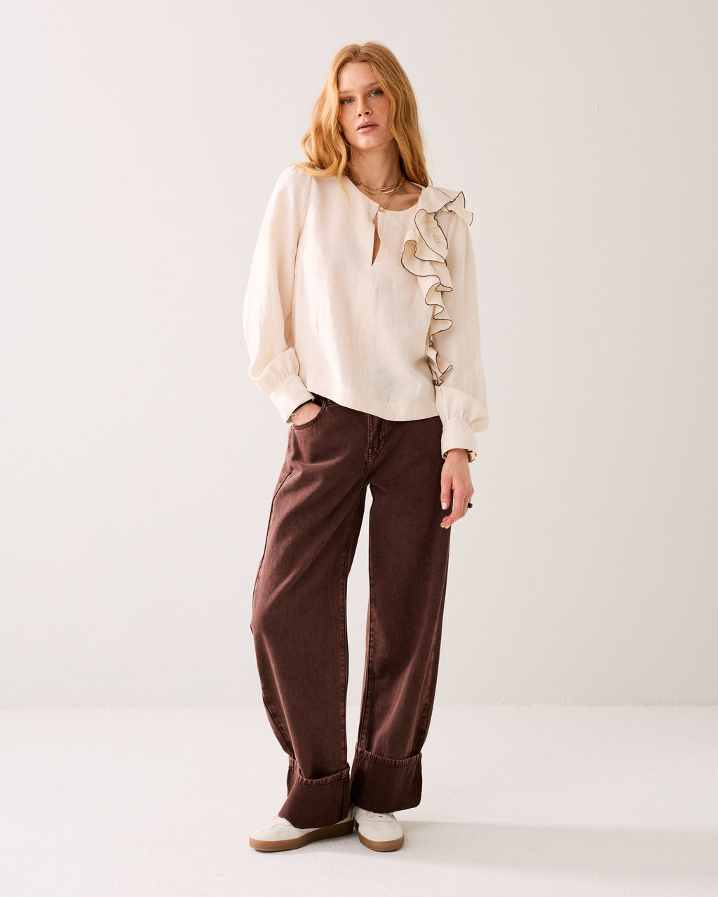 Linnenblend top met ruche
