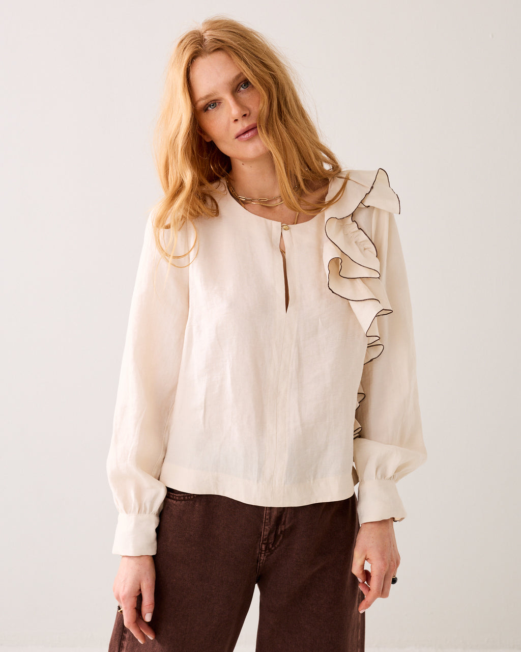 Linnenblend top met ruche