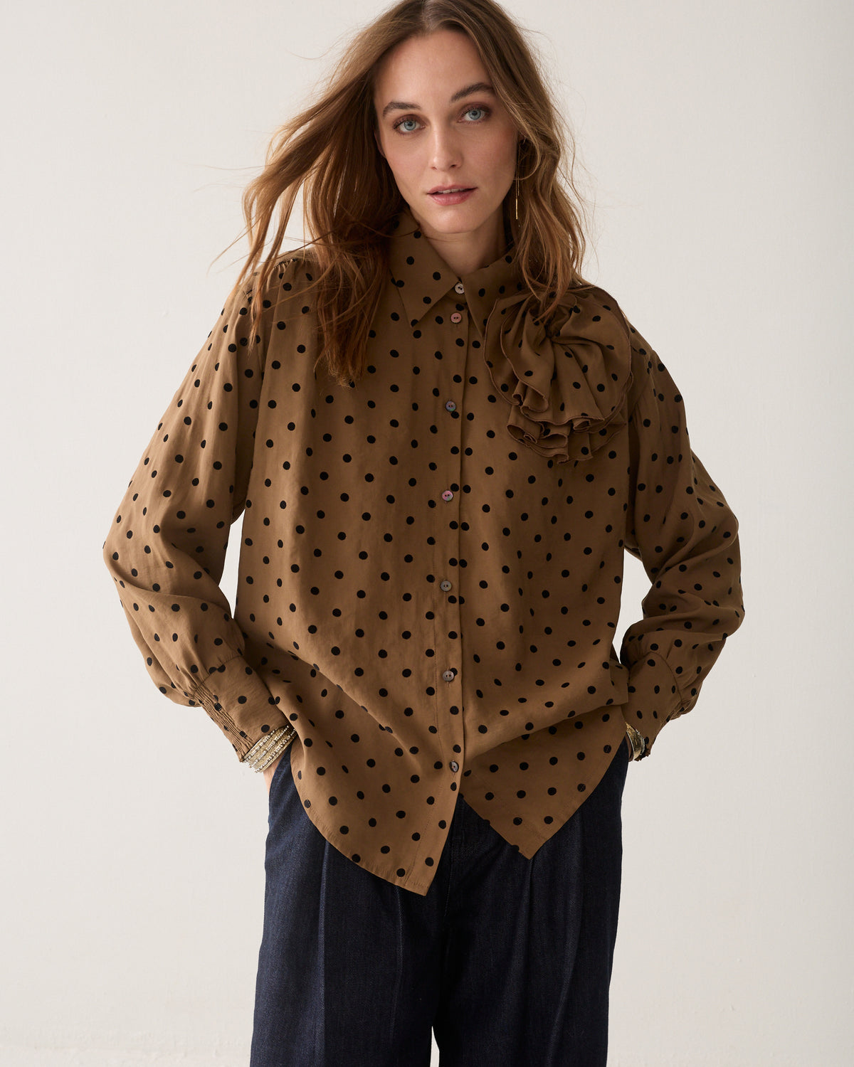 Blouse with flock polka dot print