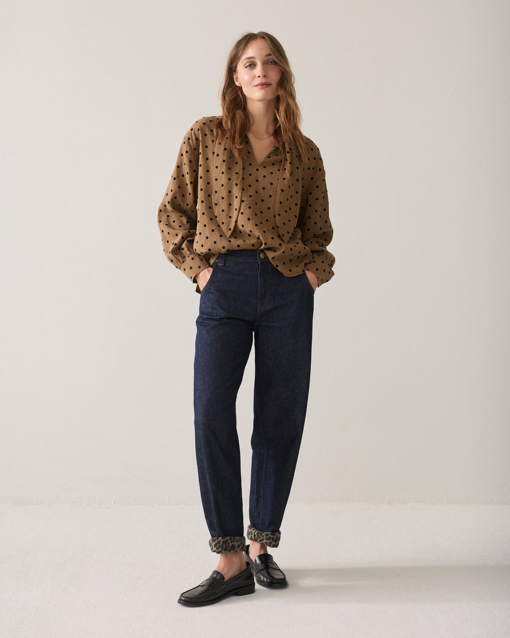 Boxy top with flock polka dot print