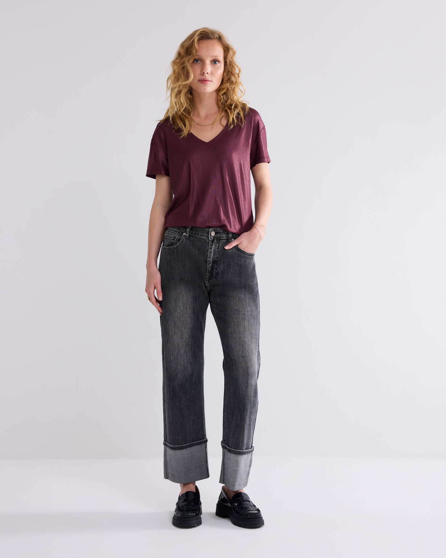 Glanzende basic V-hals top