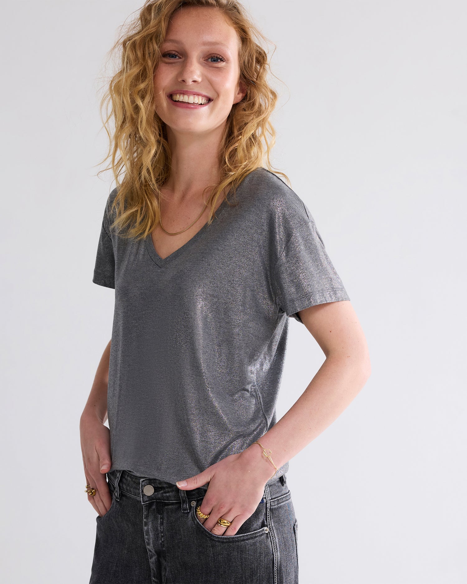 Glanzende basic V-hals top