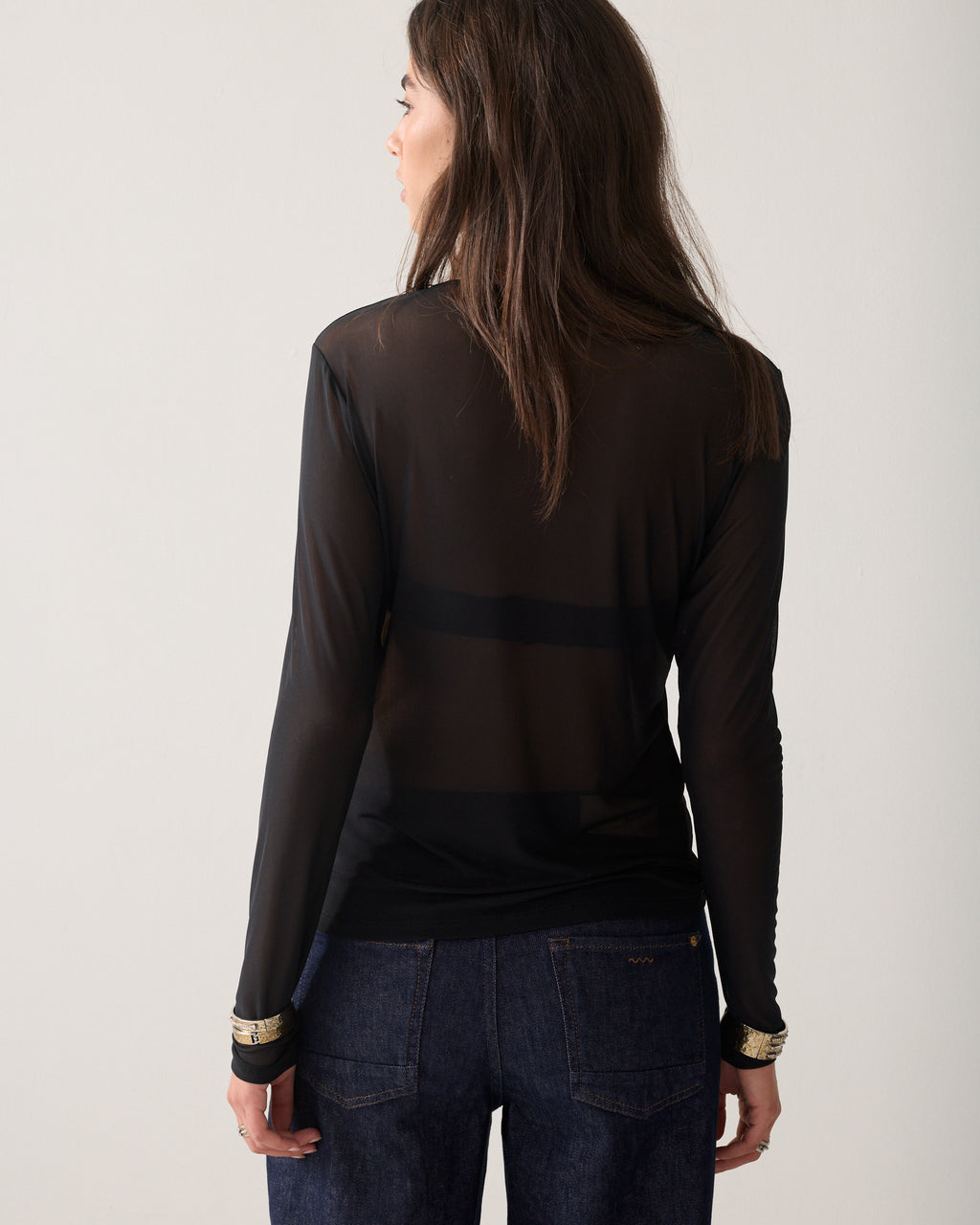 Transparent long-sleeved mesh top