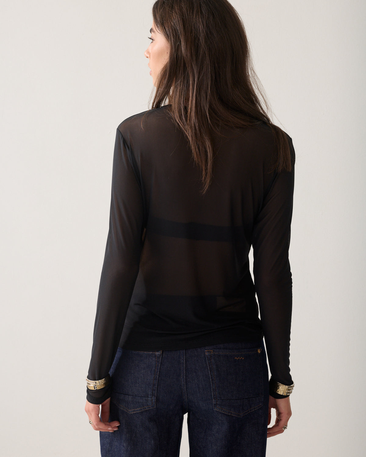 Transparent long-sleeved mesh top