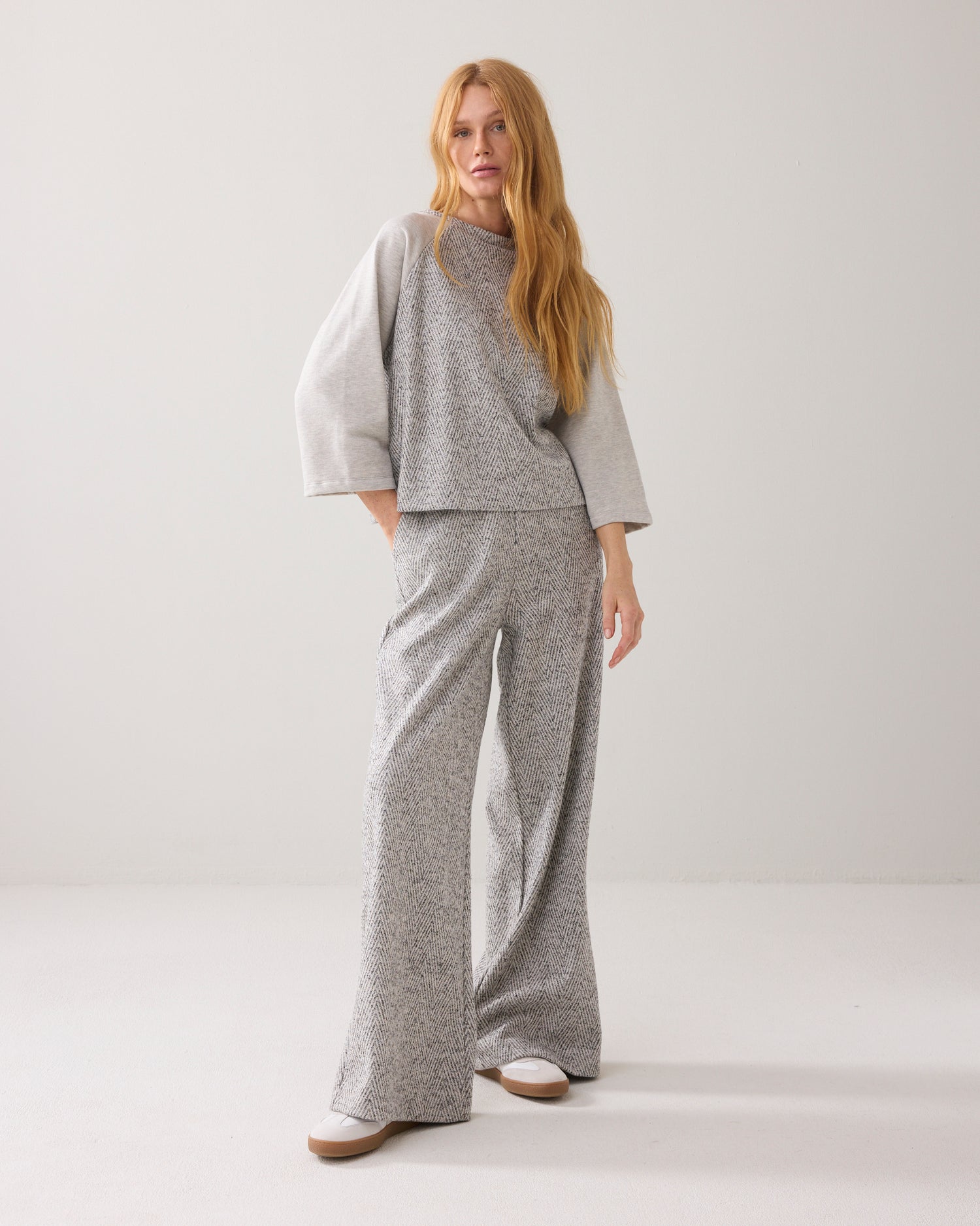 Wijde broek visgraatjacquard