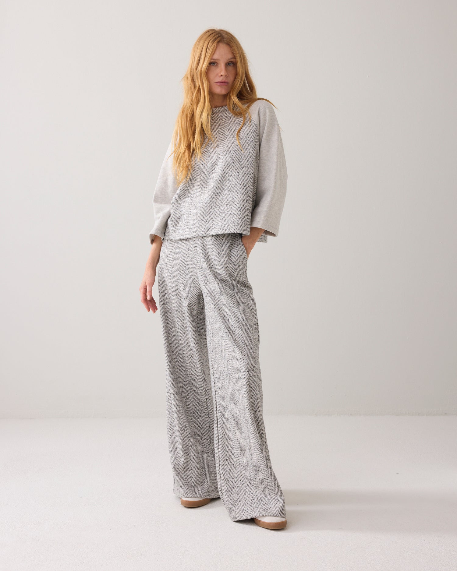 Wijde broek visgraatjacquard
