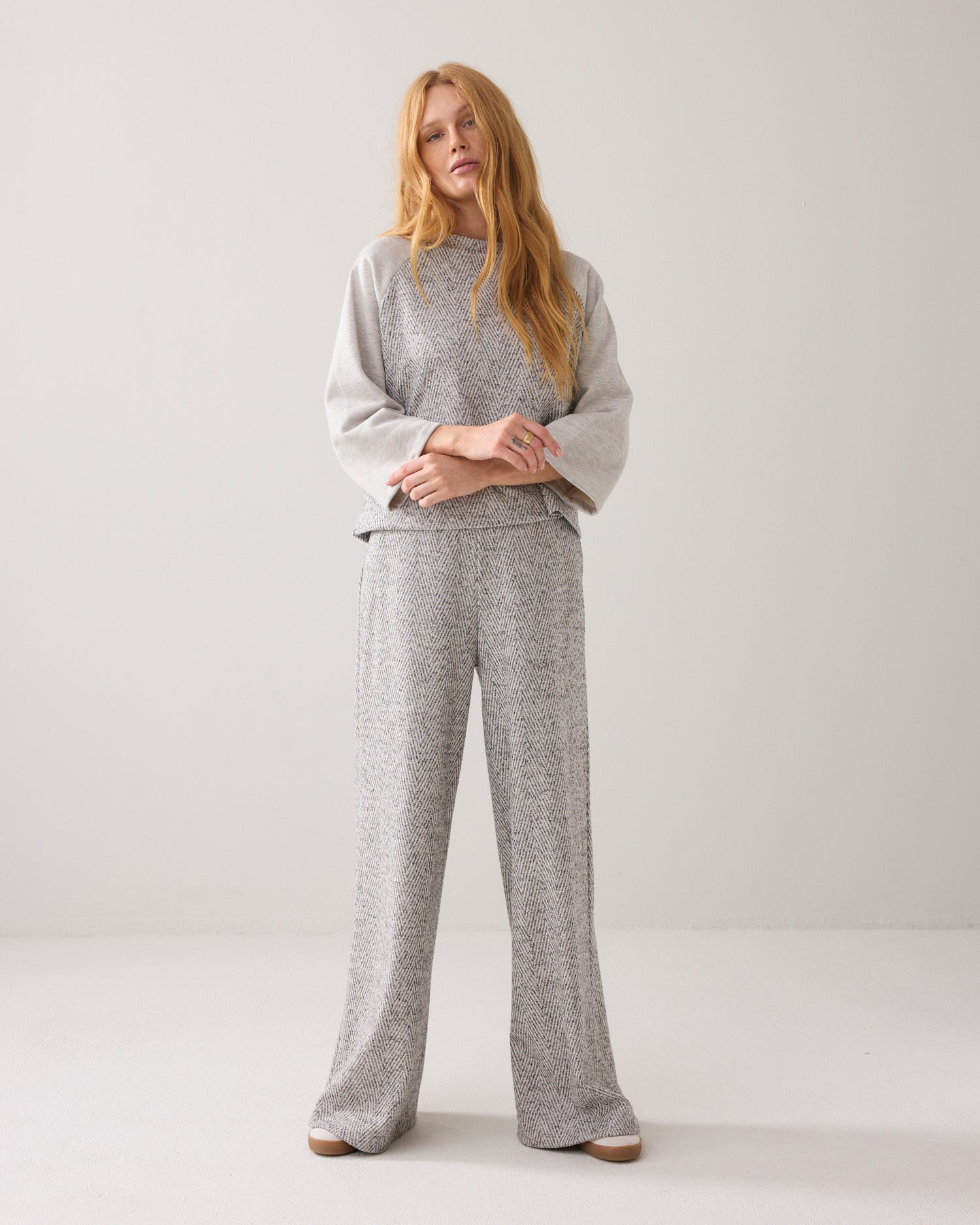 Wijde broek visgraatjacquard