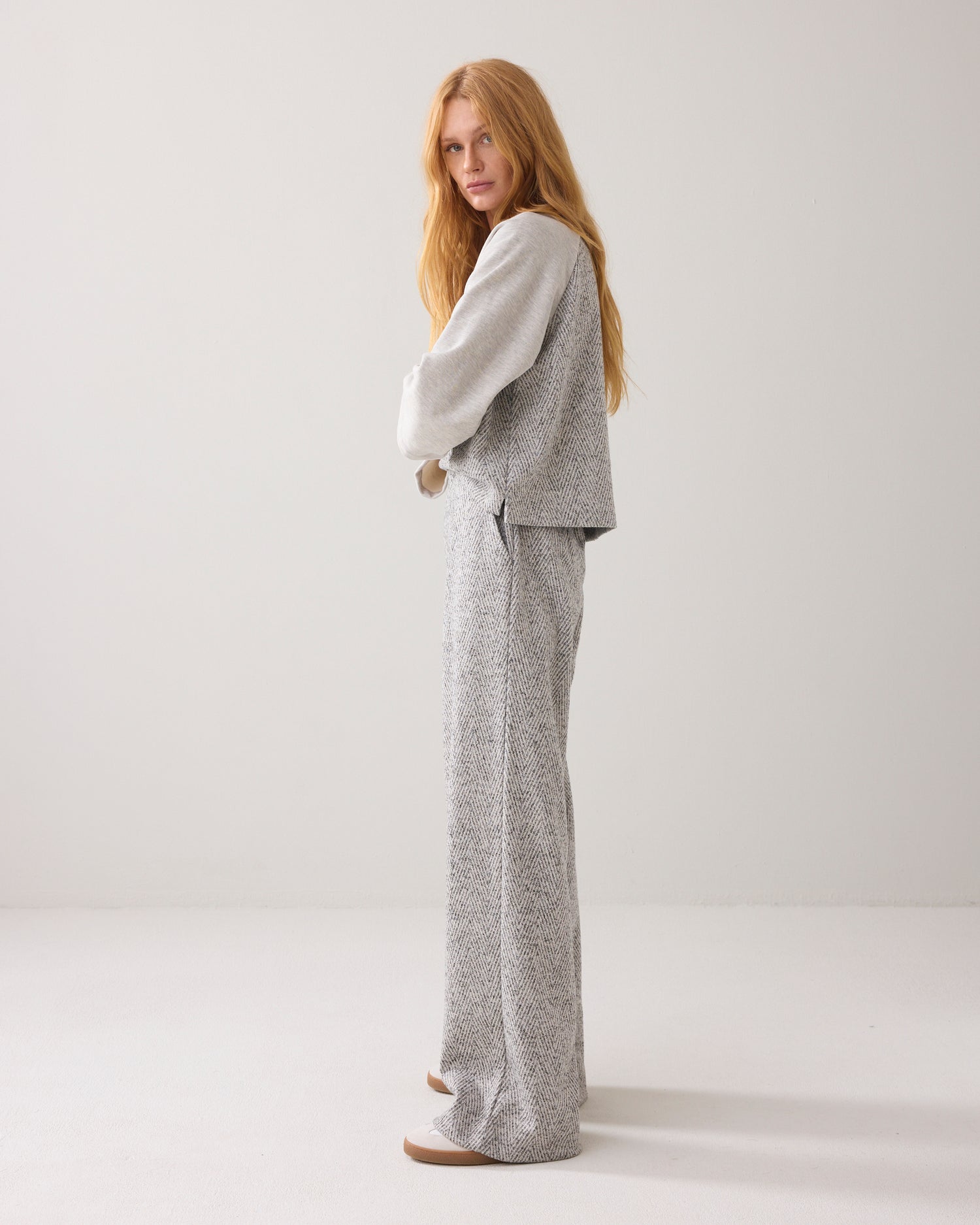 Wijde broek visgraatjacquard