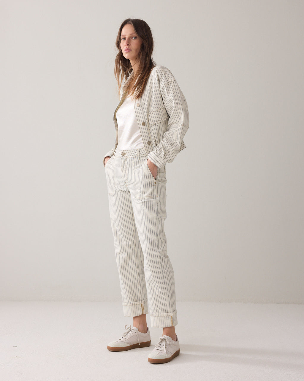 Denim broek met visgraatstreep