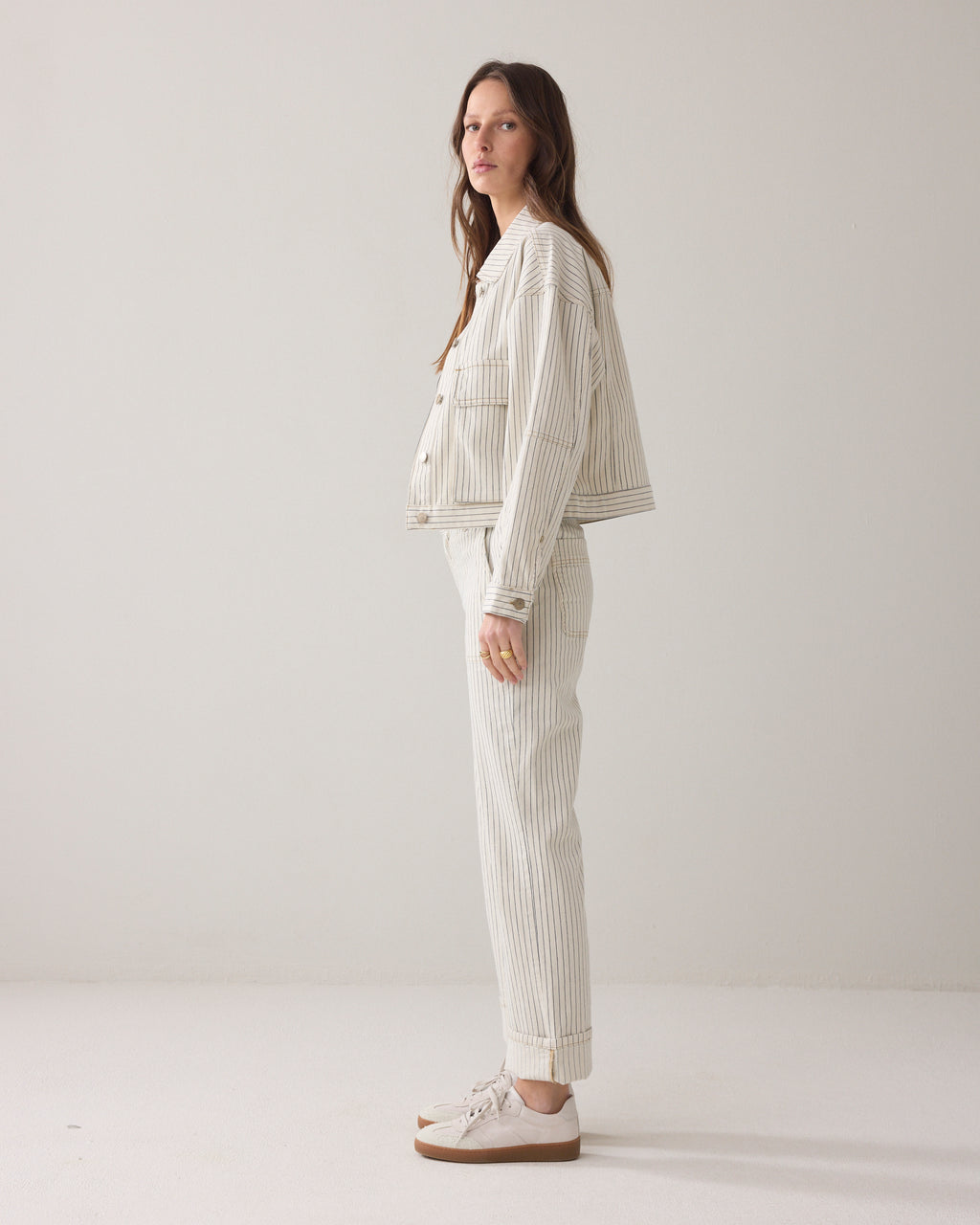 Denim broek met visgraatstreep