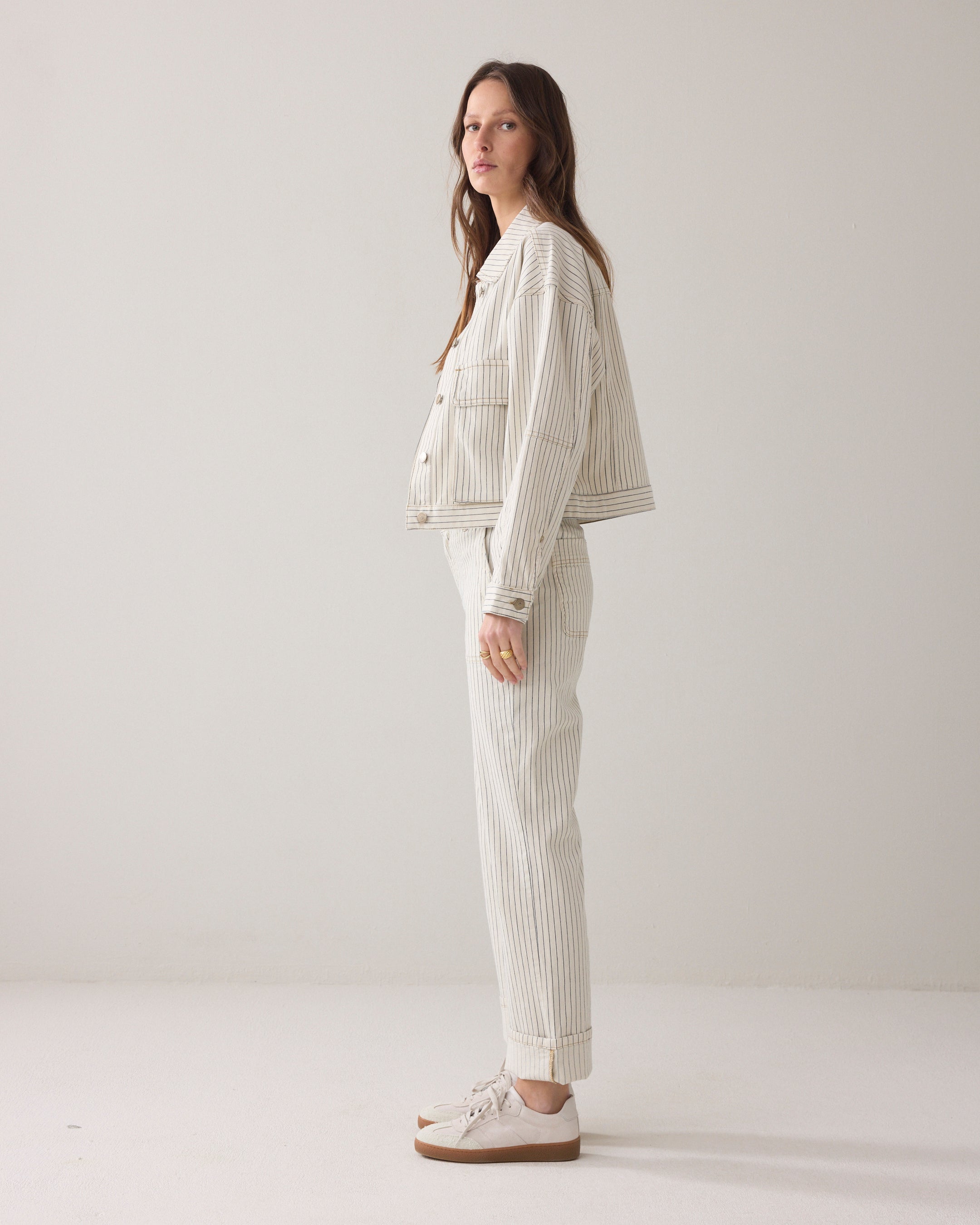 Denim broek met visgraatstreep