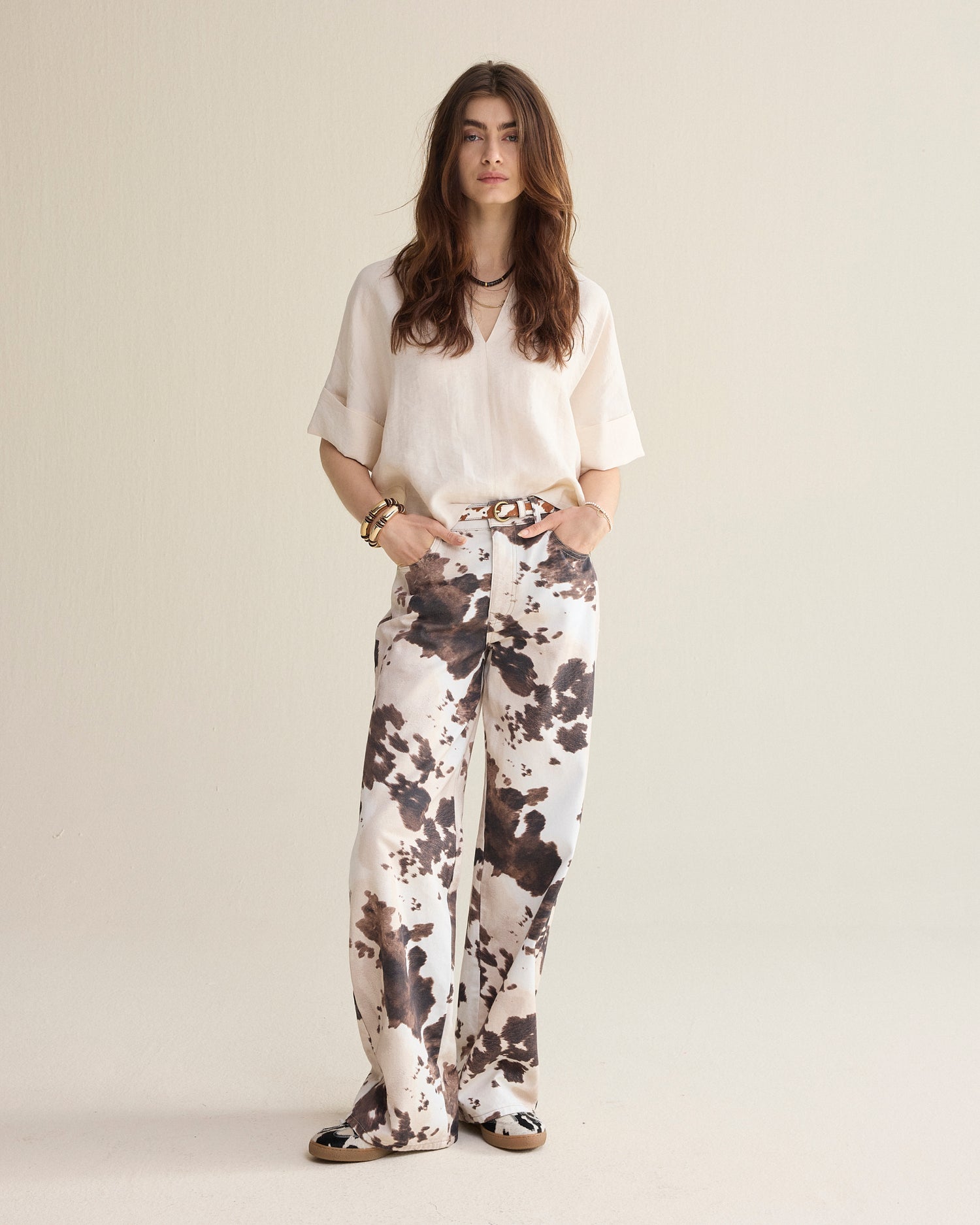 Pantalon droit ample imprimé vache