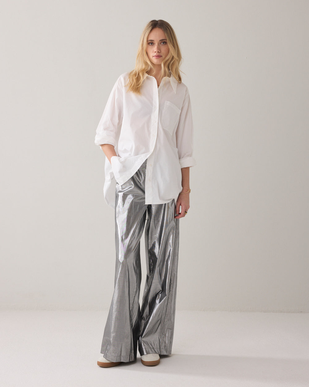 Wijde broek shiny zilver