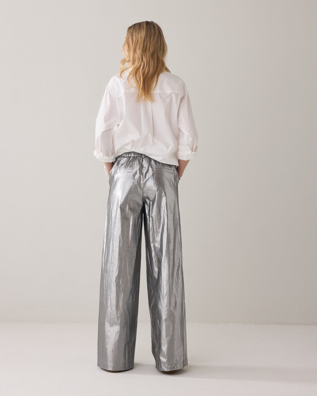Wijde broek shiny zilver