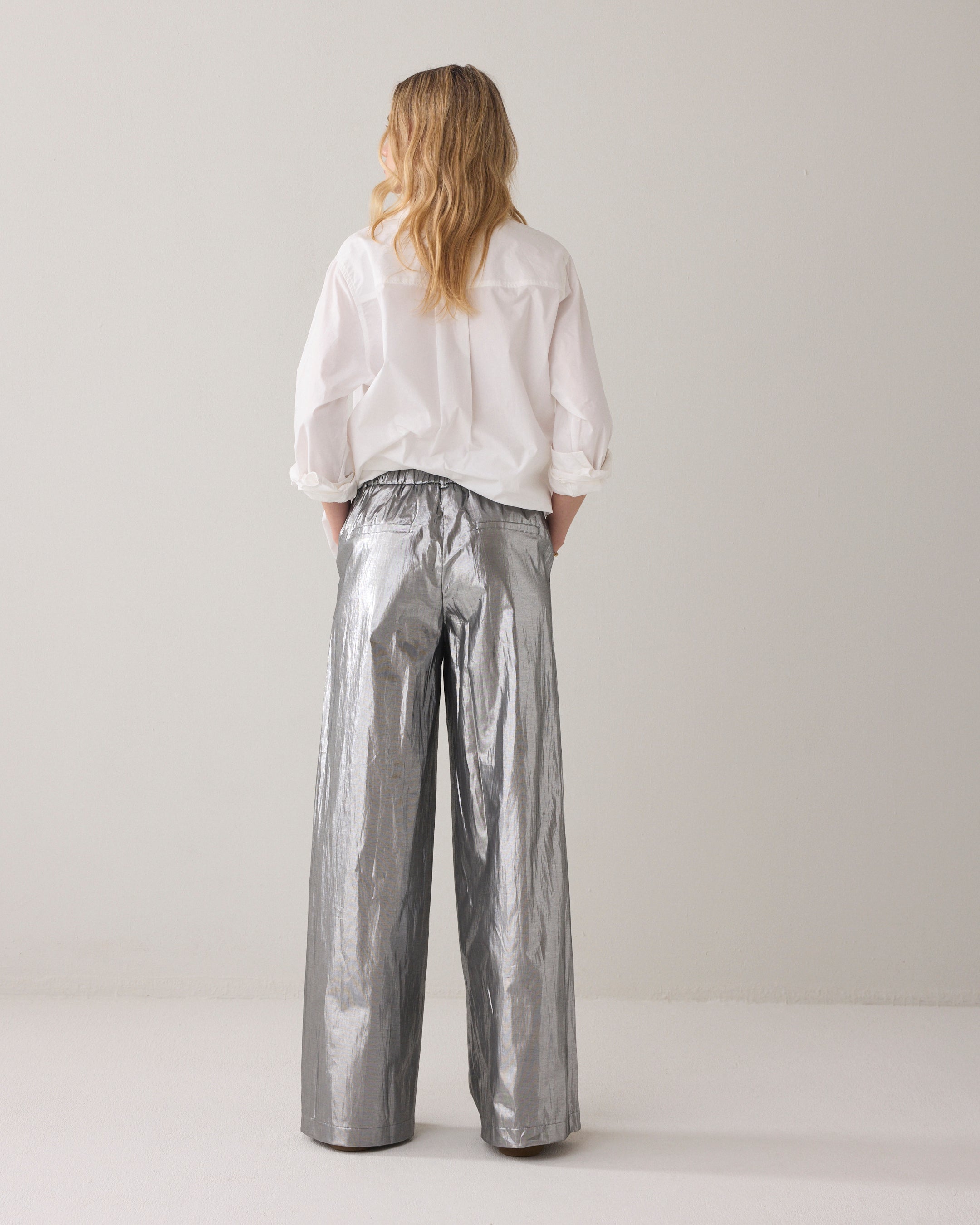 Wijde broek shiny zilver