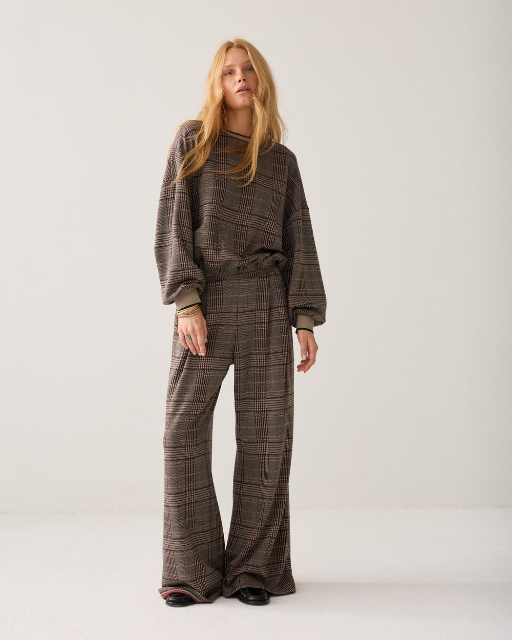 Wijde broek check jacquard