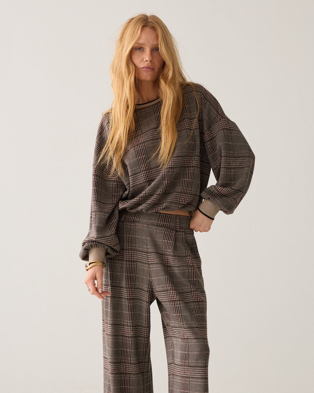 Wijde broek check jacquard