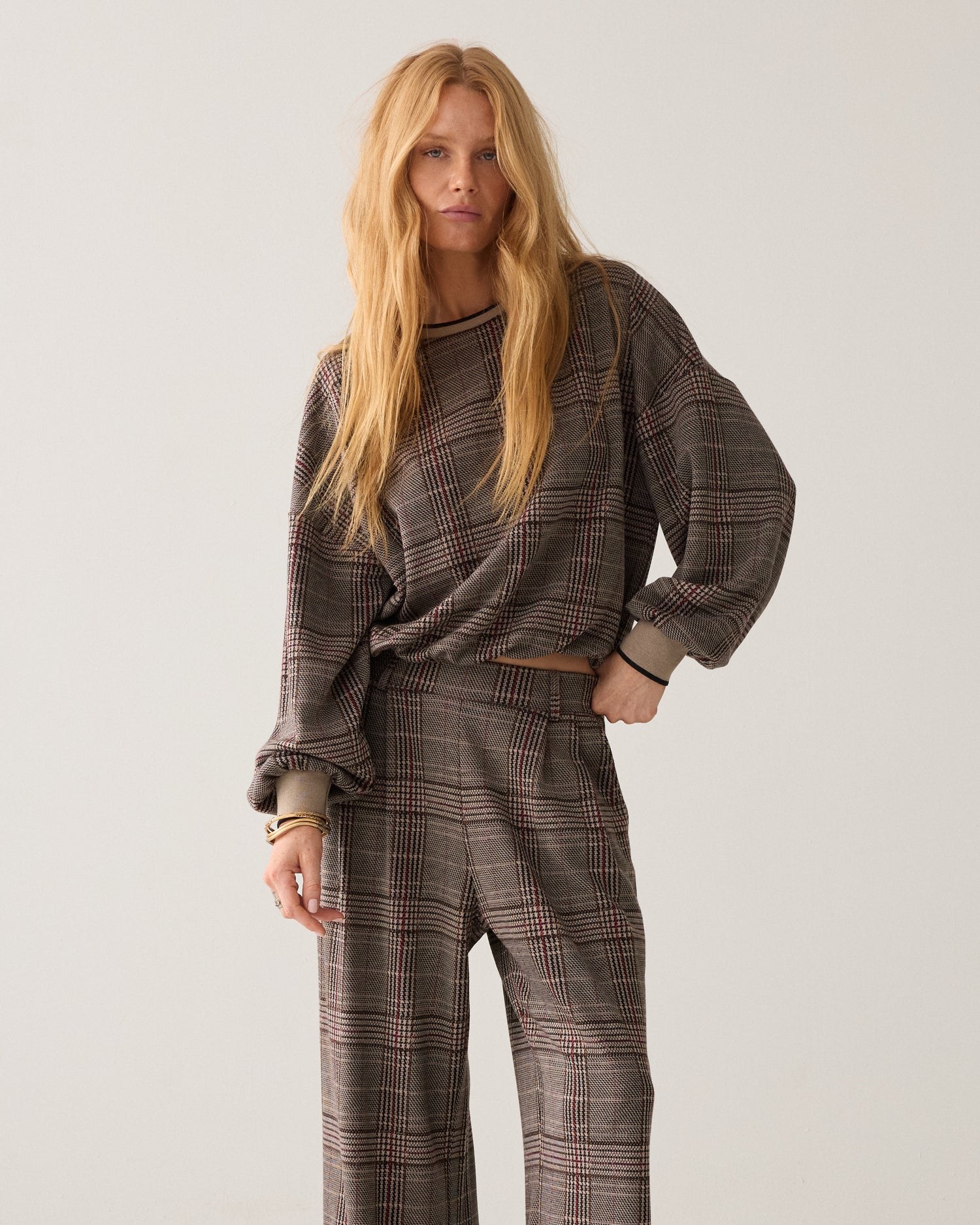 Wijde broek check jacquard