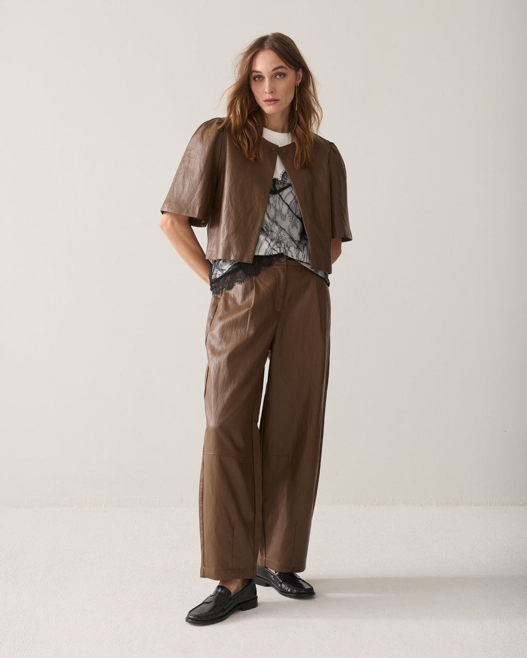 Wide-leg faux leather trousers