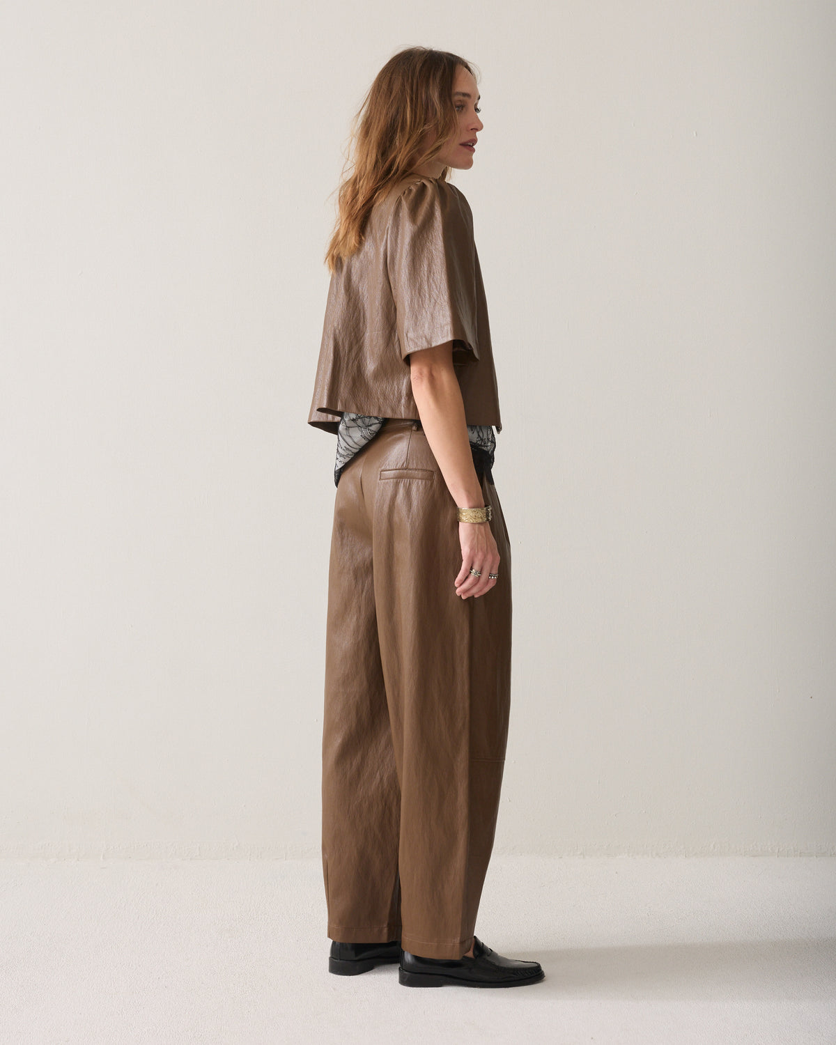 Wide-leg faux leather trousers