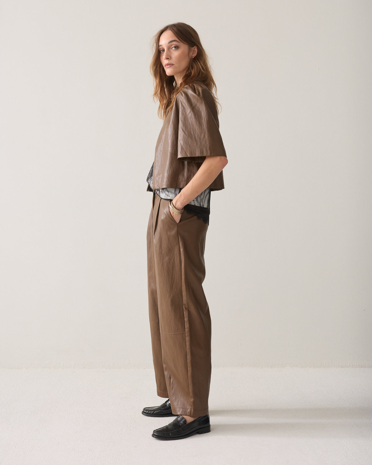 Wide-leg faux leather trousers