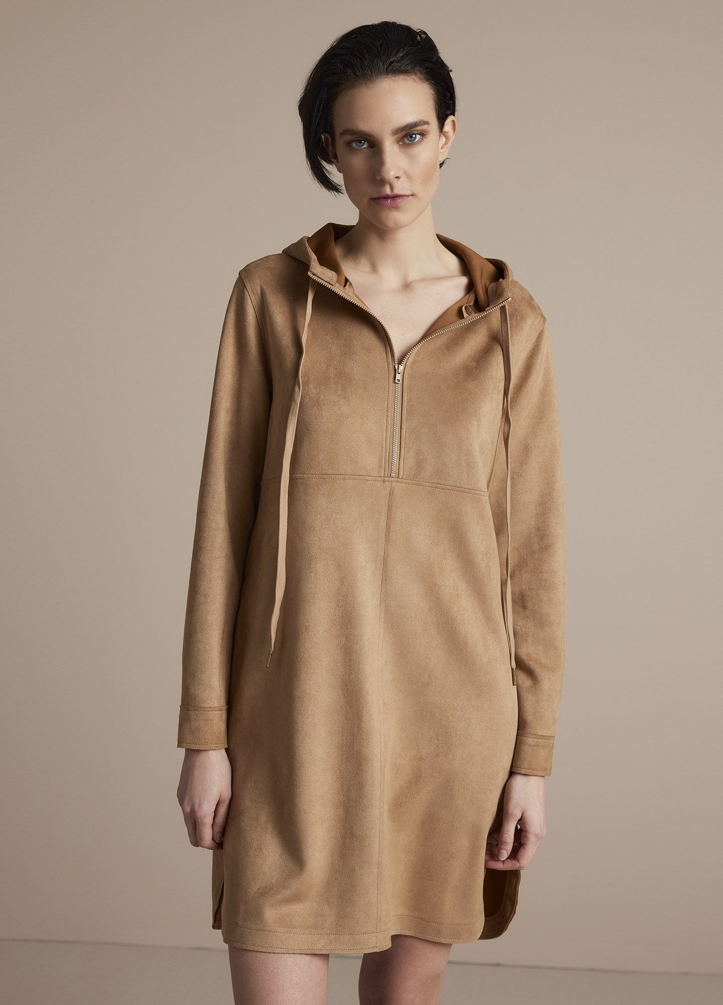 Suede dress with hood