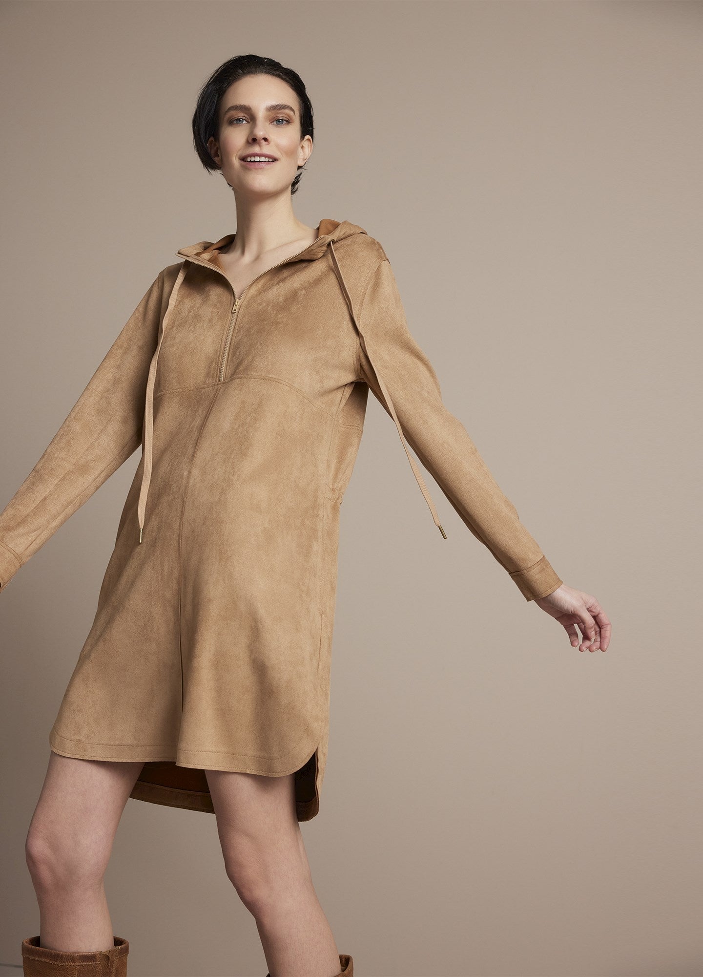 Suede dress with hood
