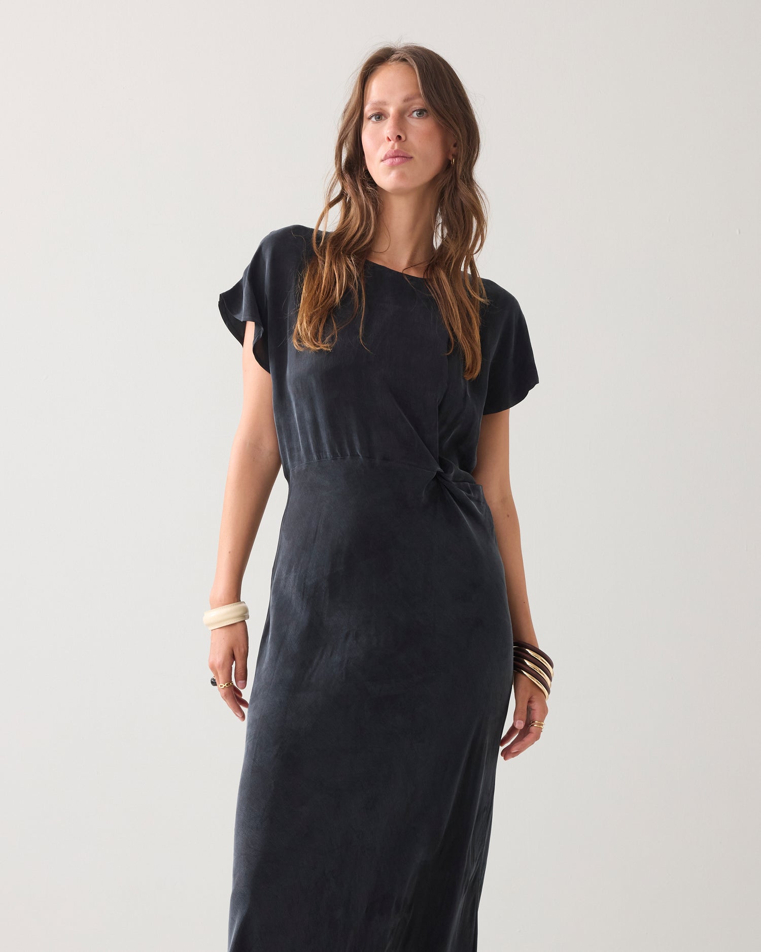 Long dress in cupro fabric