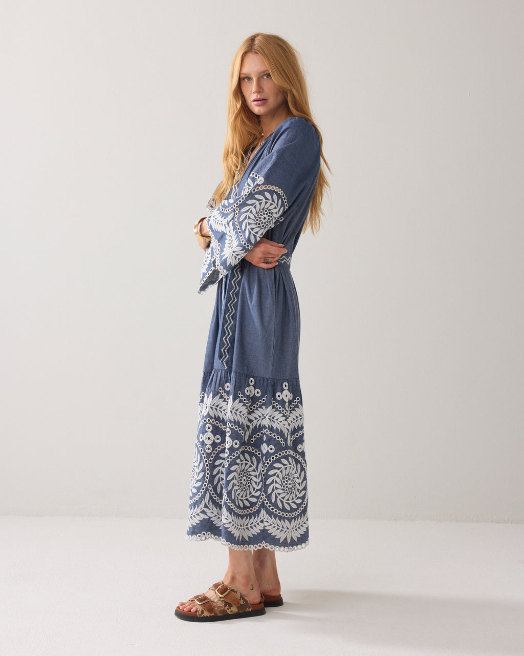 Chambray jurk borduur