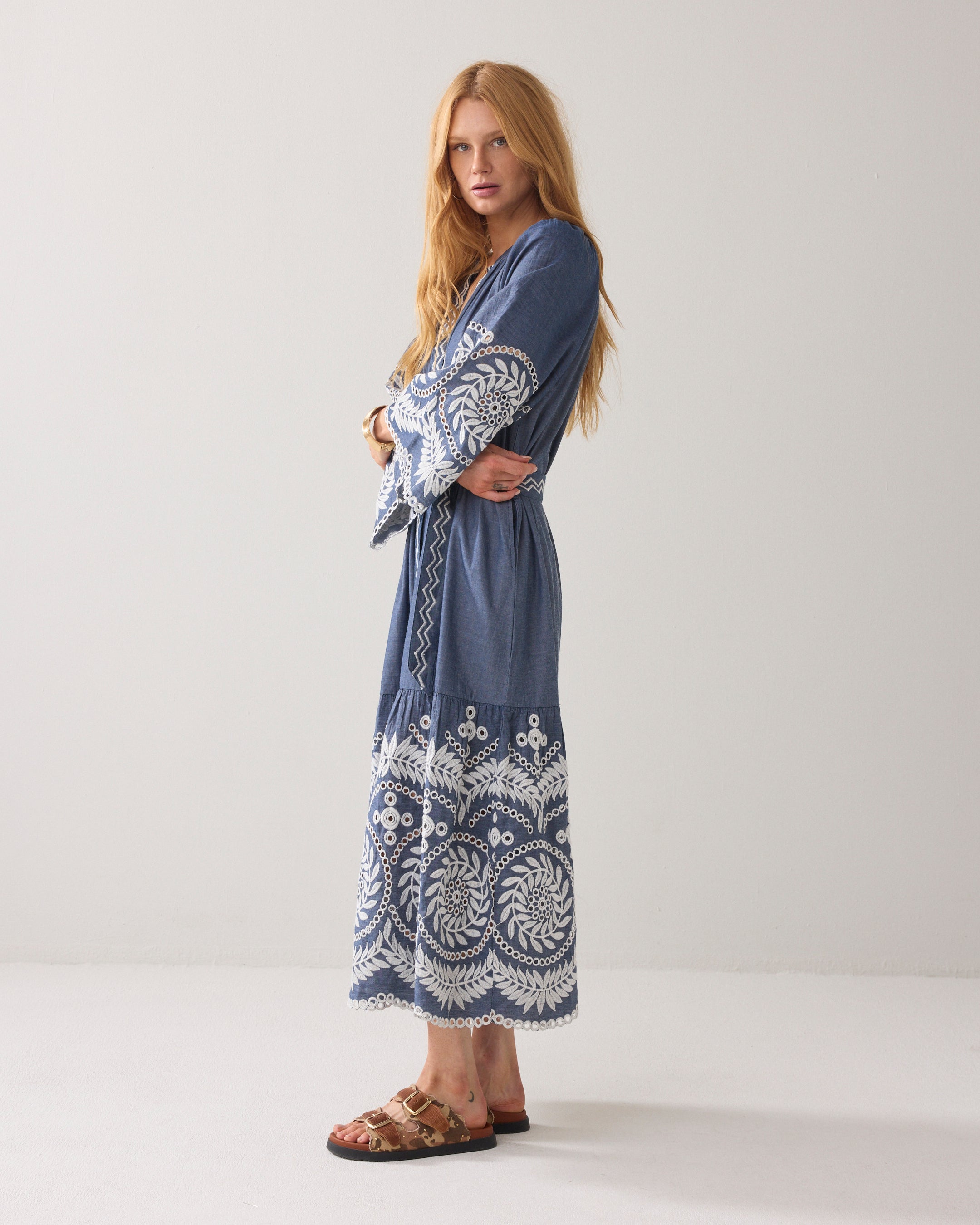Chambray jurk borduur