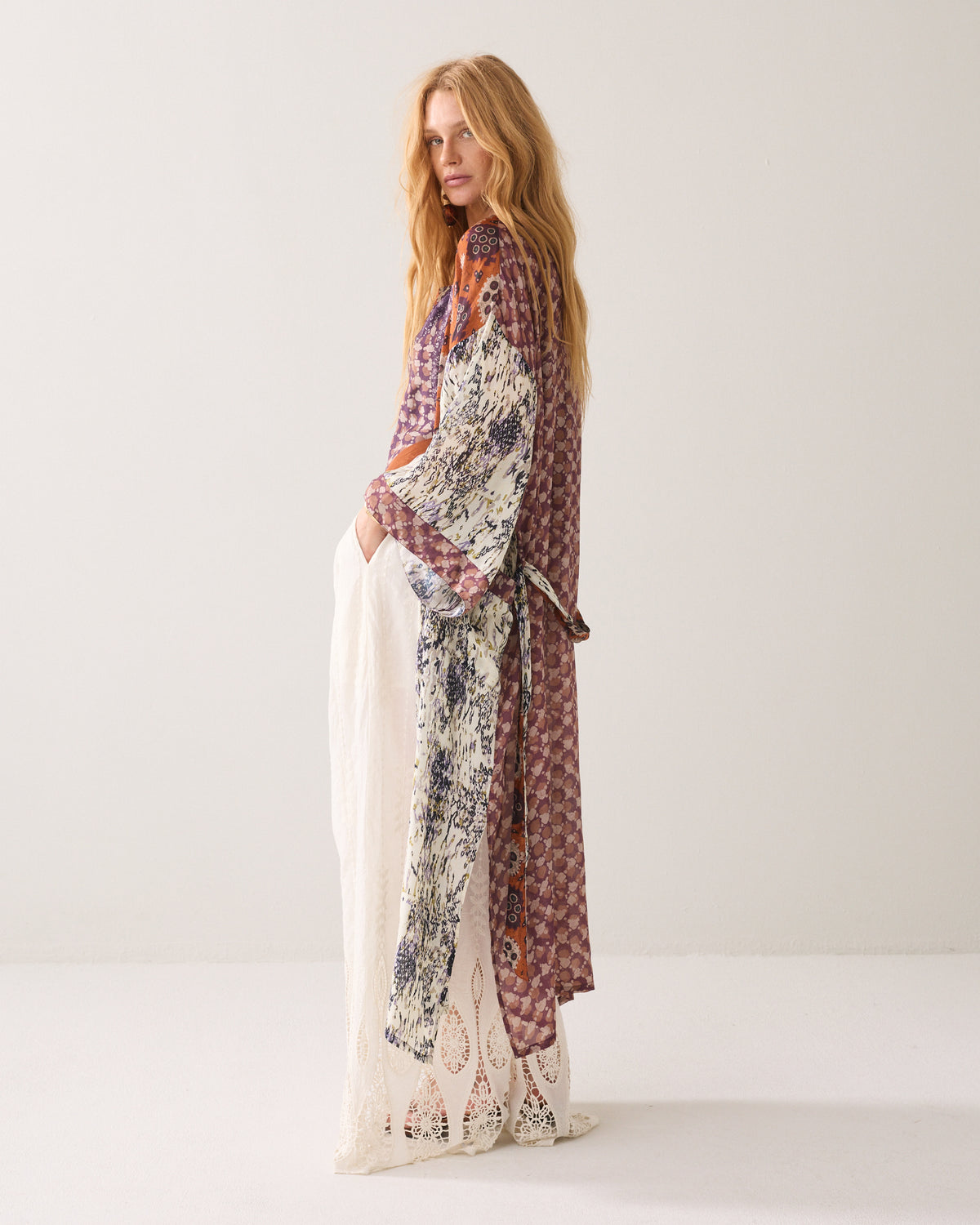 Kimono dress with mixed print